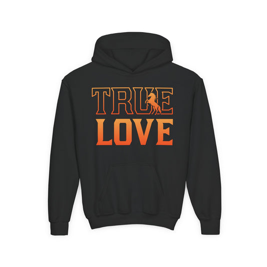 Black hoodie with 'TRUE LOVE' text in orange on a white background