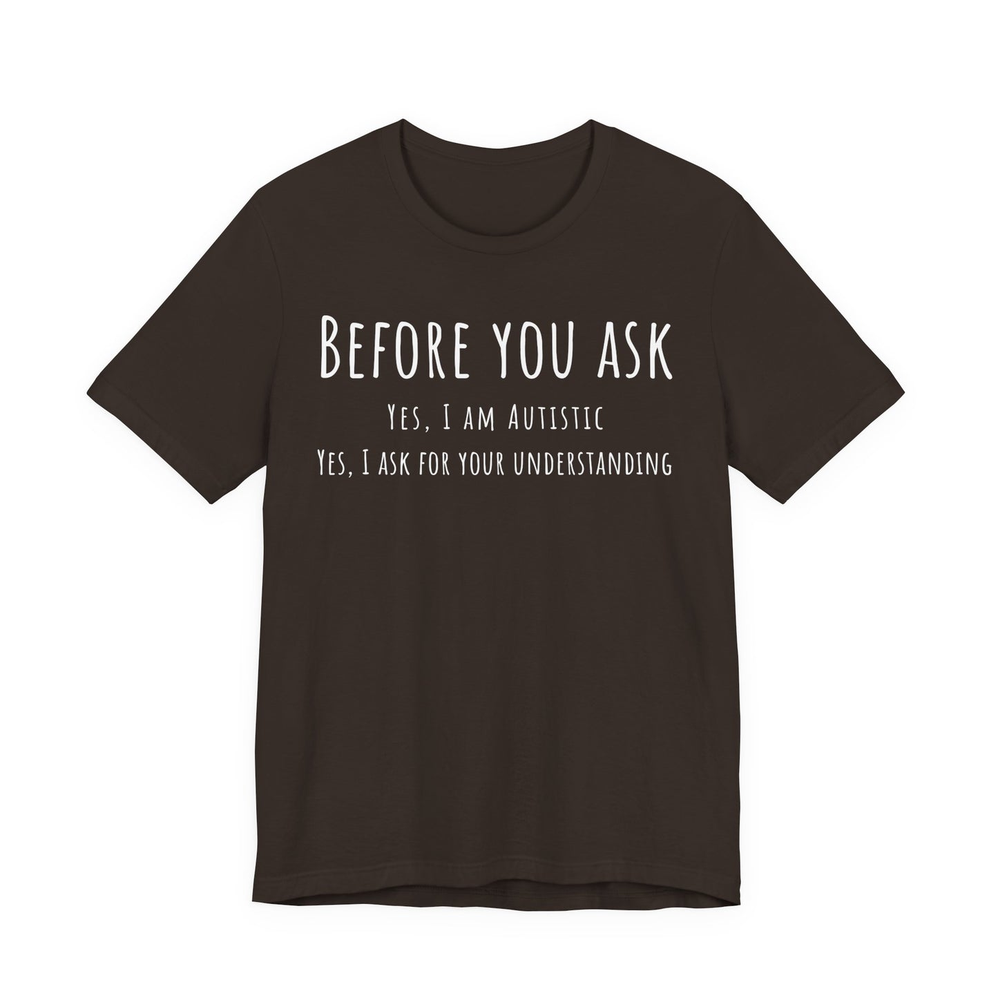Black t-shirt with white text on a white background