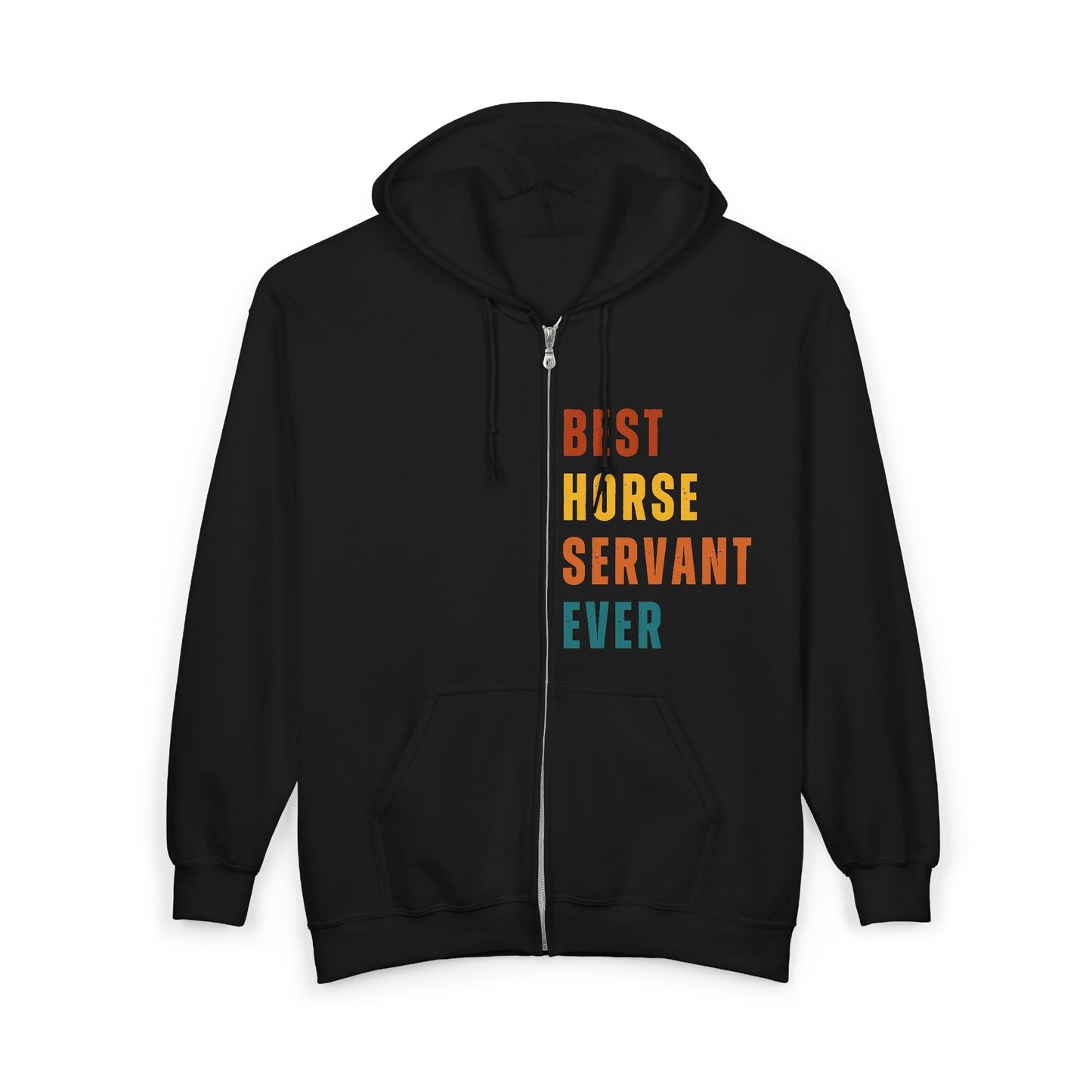 Black hoodie with colorful text 'BEST HORSE SERVANT EVER' on a white background