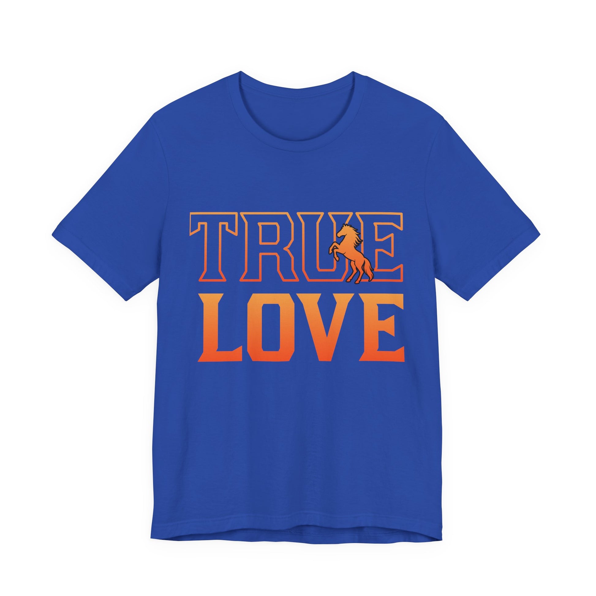 Blue t-shirt with 'TRUE LOVE' text and horse graphic on a white background