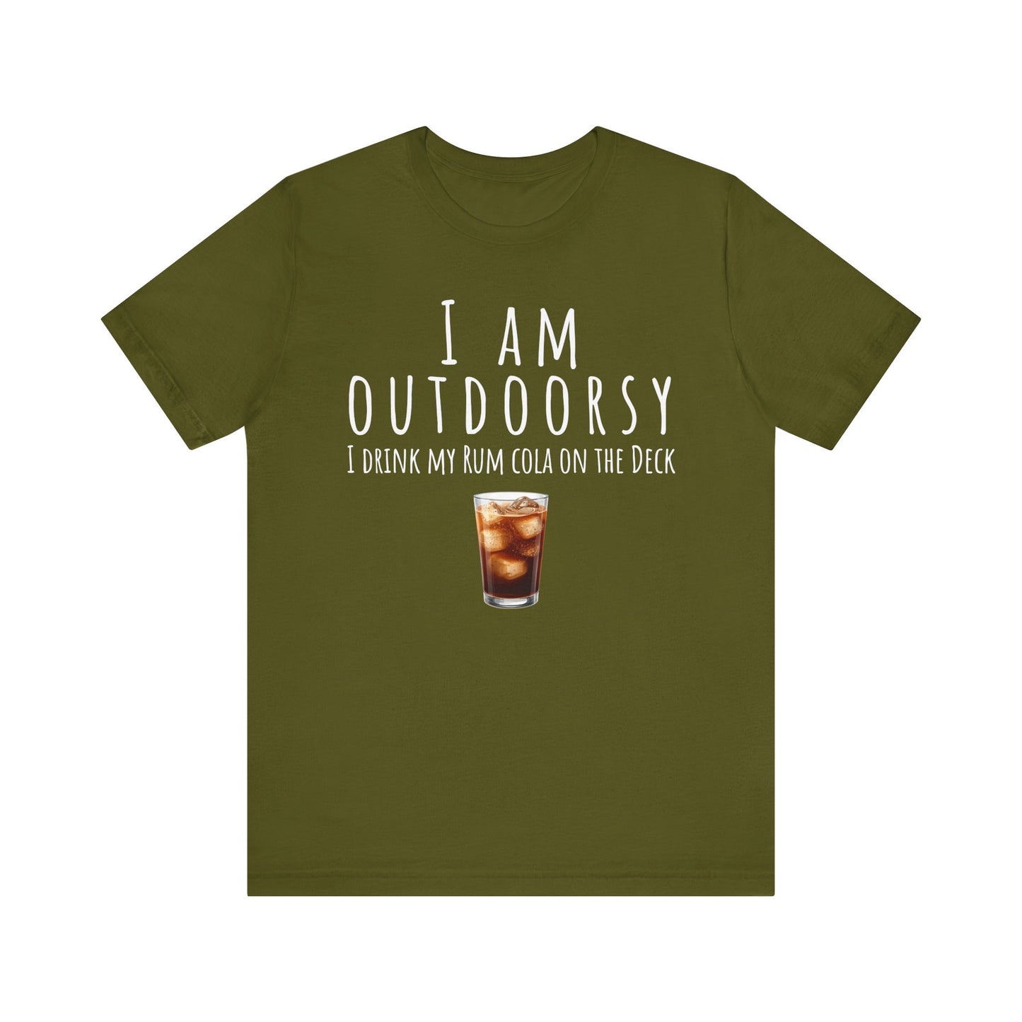 Green t-shirt with text and a drink graphic on a white background