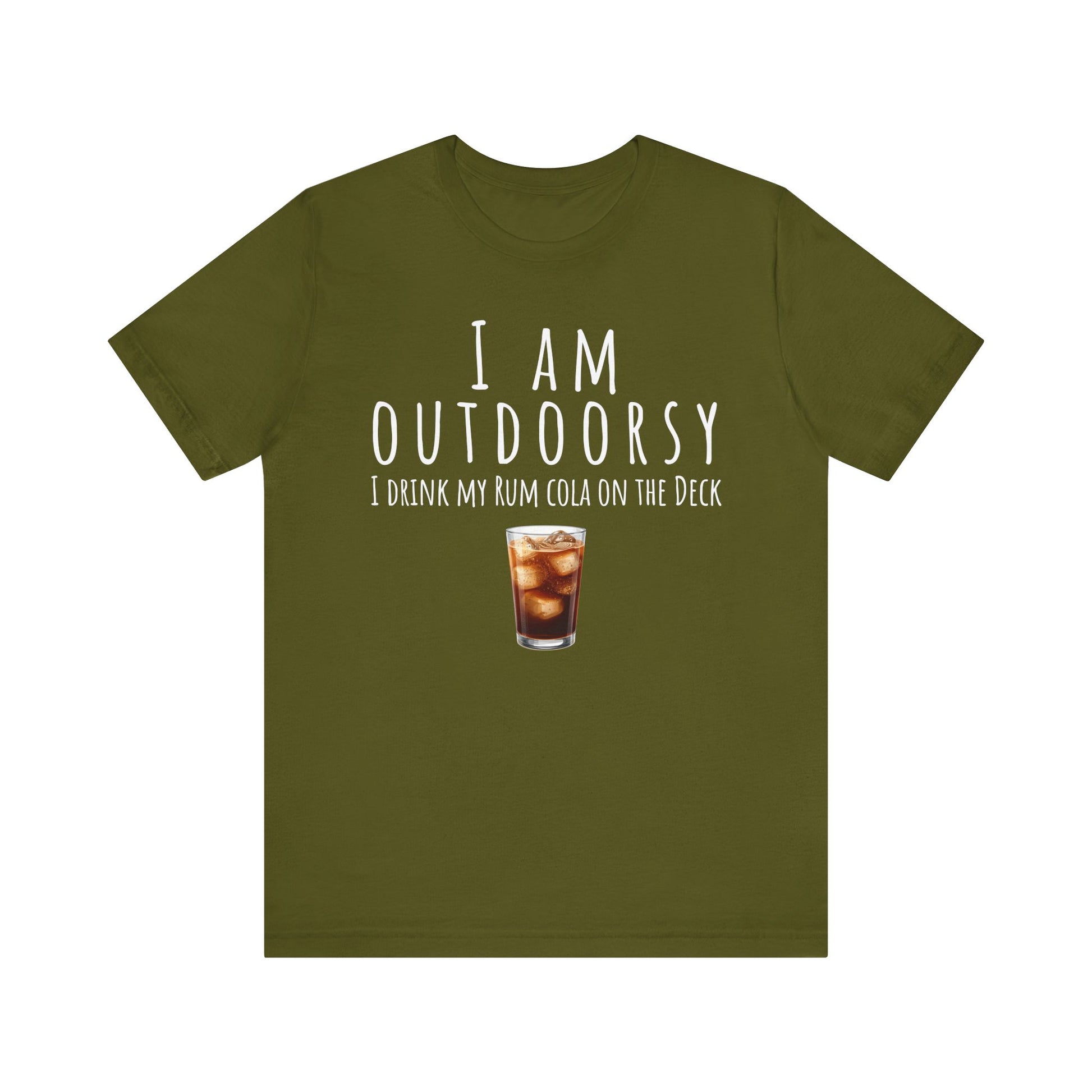 Green t-shirt with text and a drink graphic on a white background