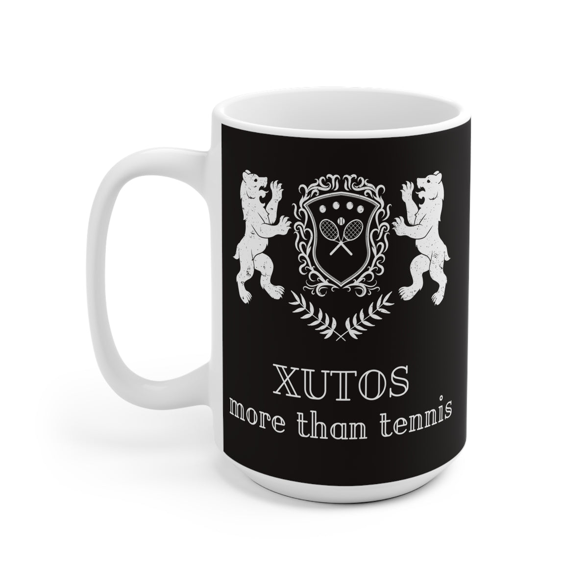 A white ceramic mug with a black printed wrap featuring a white crest with two lions and crossed tennis rackets, above the text 'XUTOS more than tennis'.