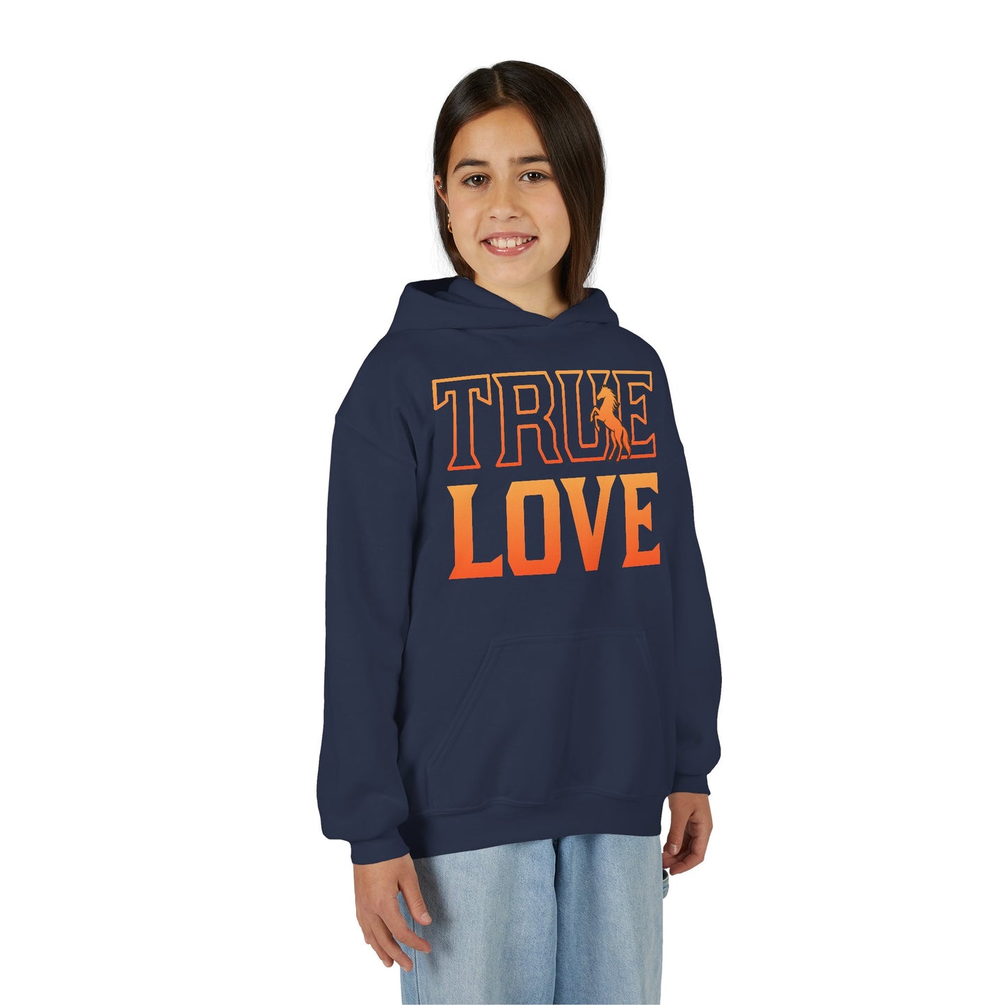 Person wearing a navy hoodie with 'TRUE LOVE' printed in orange on a white background