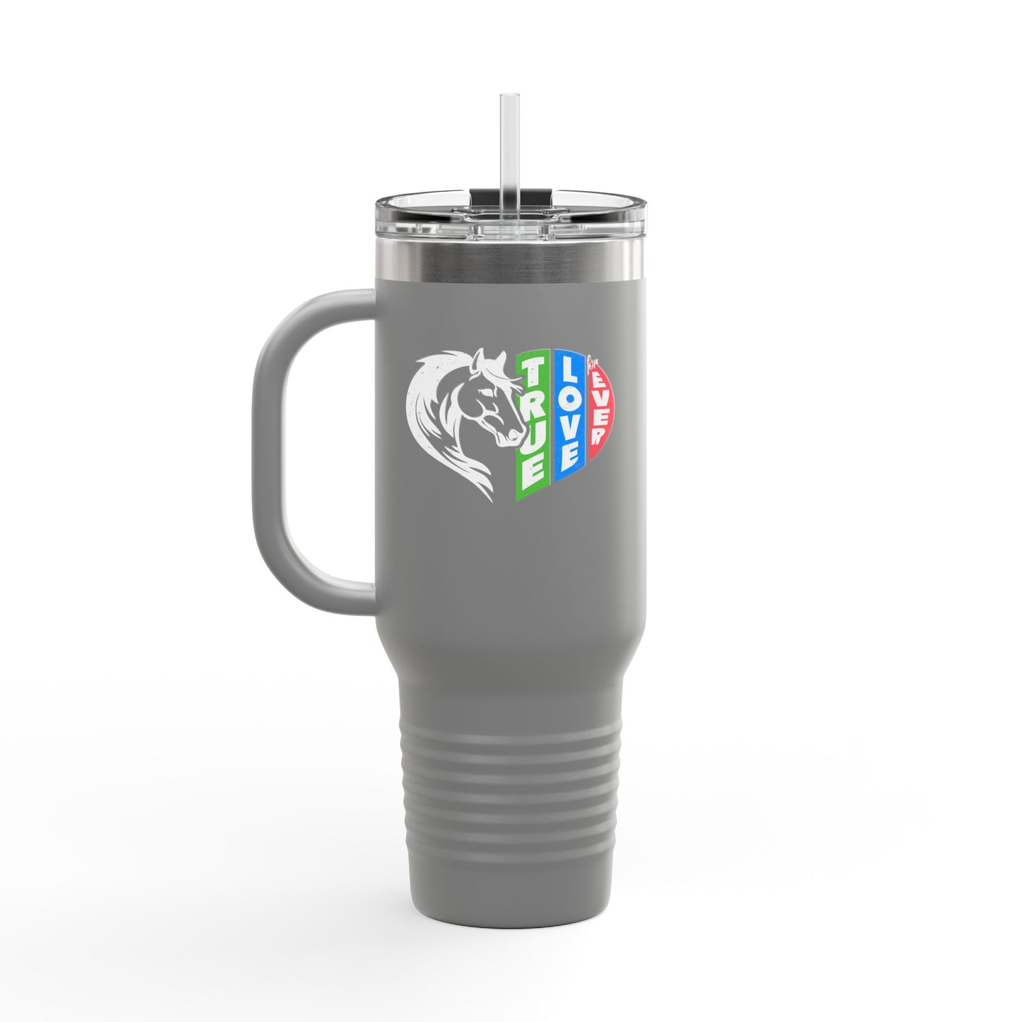Gray travel mug with a colorful logo on a white background