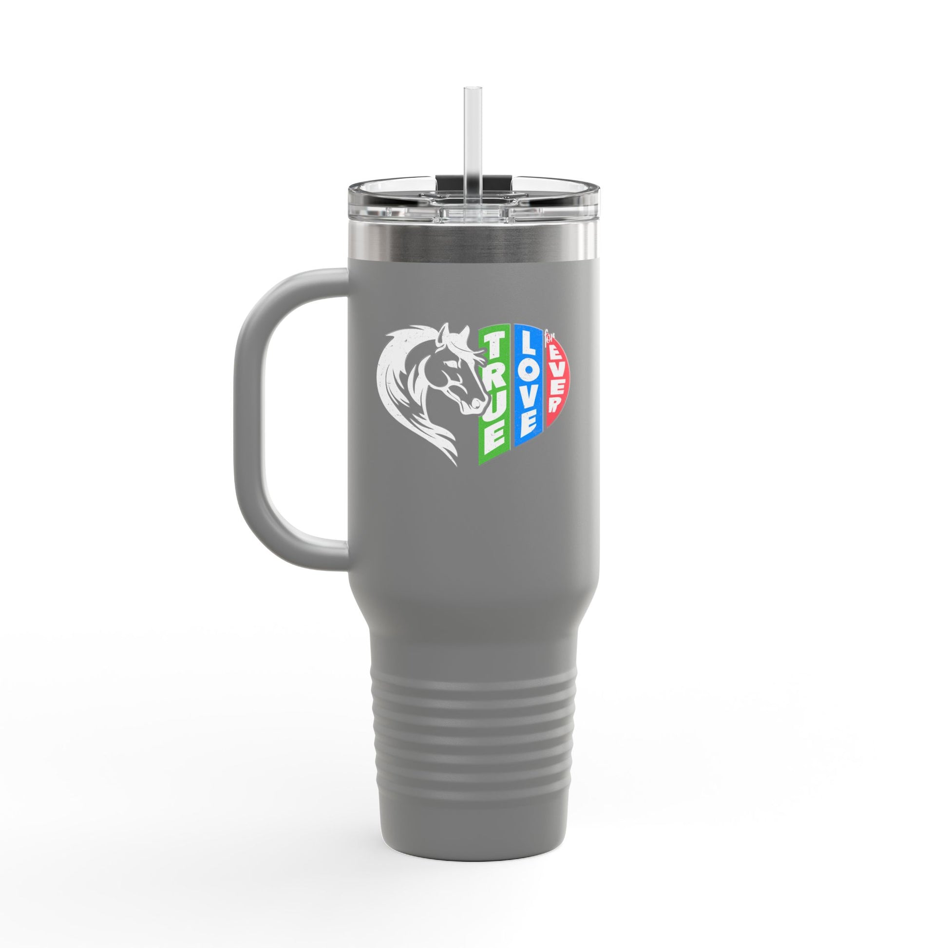 Gray travel mug with a colorful logo on a white background