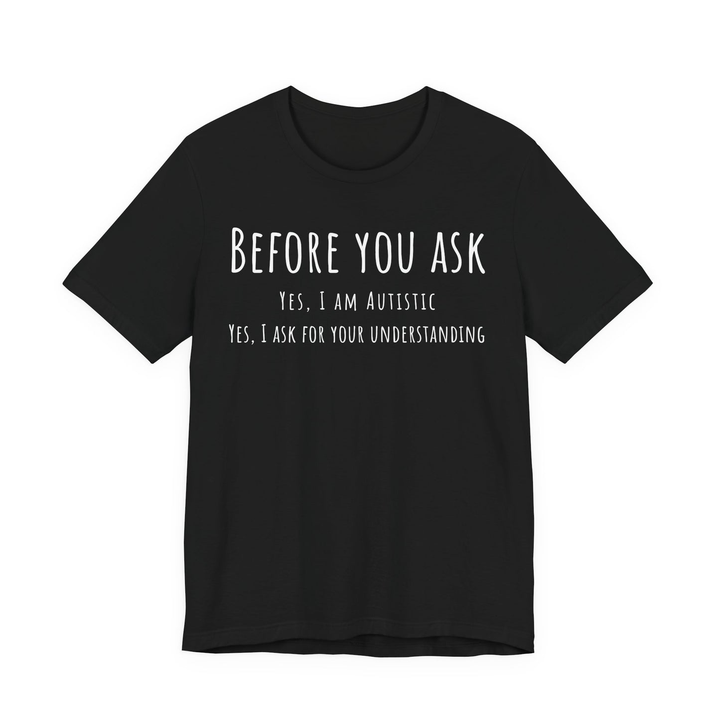 Black t-shirt with white text on a white background