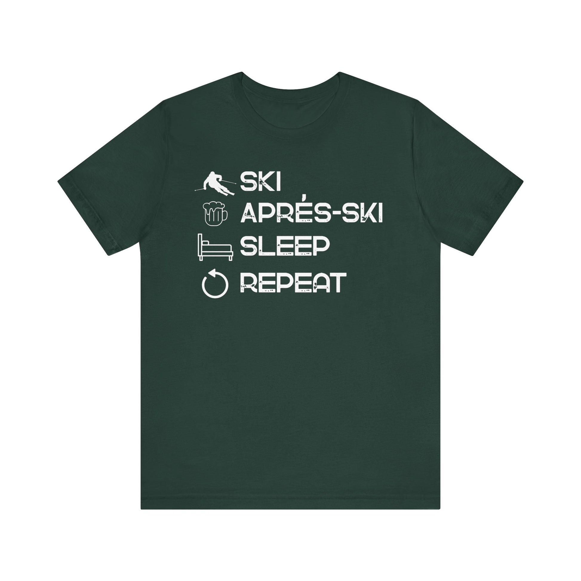 Green t-shirt with white text and icons on a white background