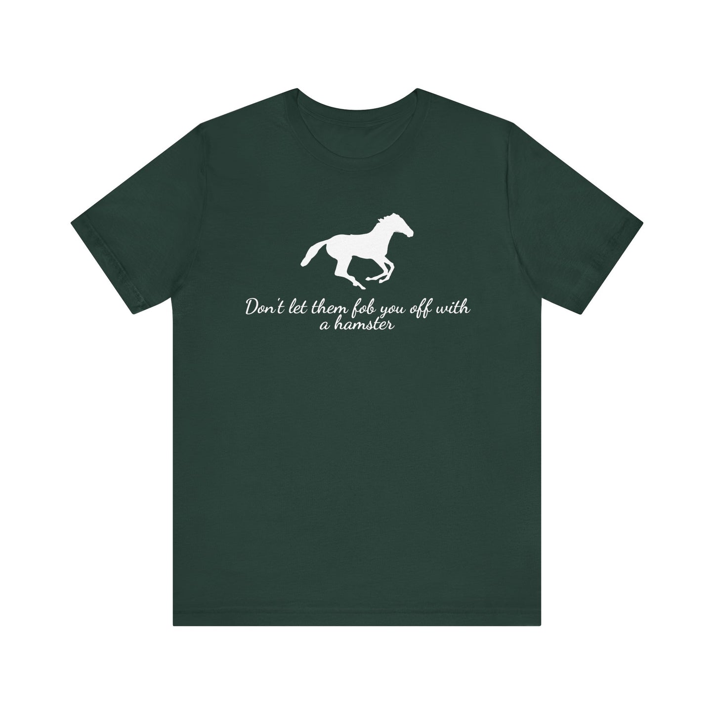 Green t-shirt with a horse graphic and text on a white background