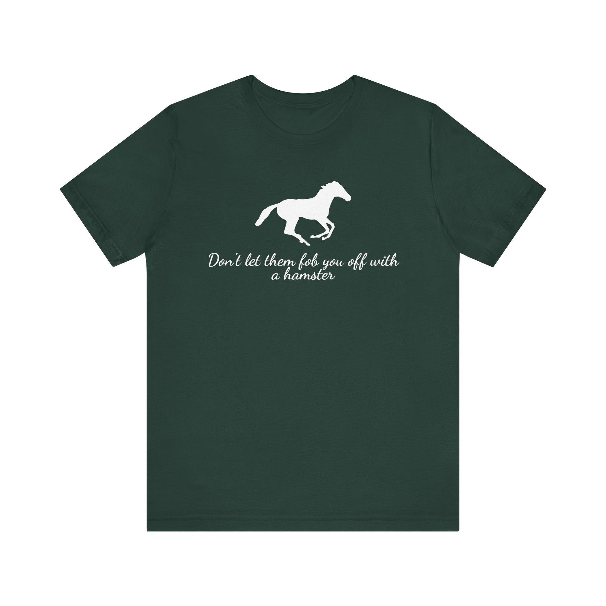 Green t-shirt with a horse graphic and text on a white background