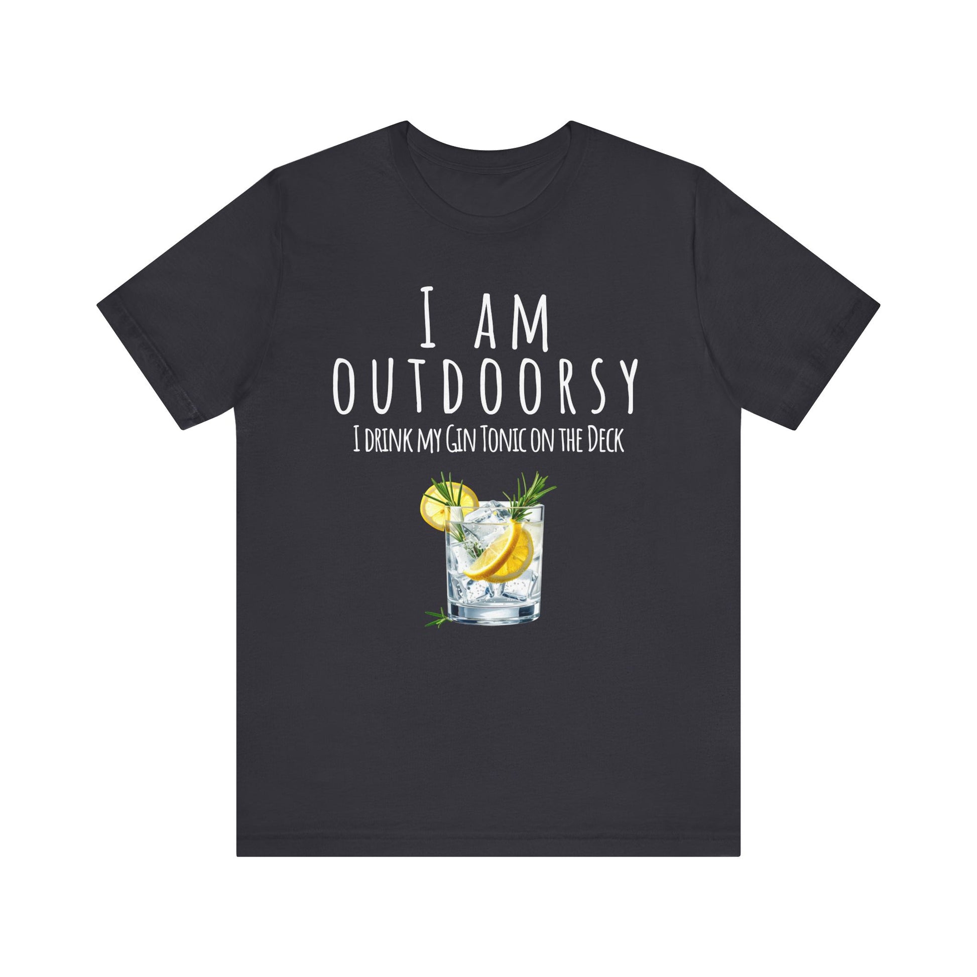 Black t-shirt with a graphic of a gin tonic and text on a white background
