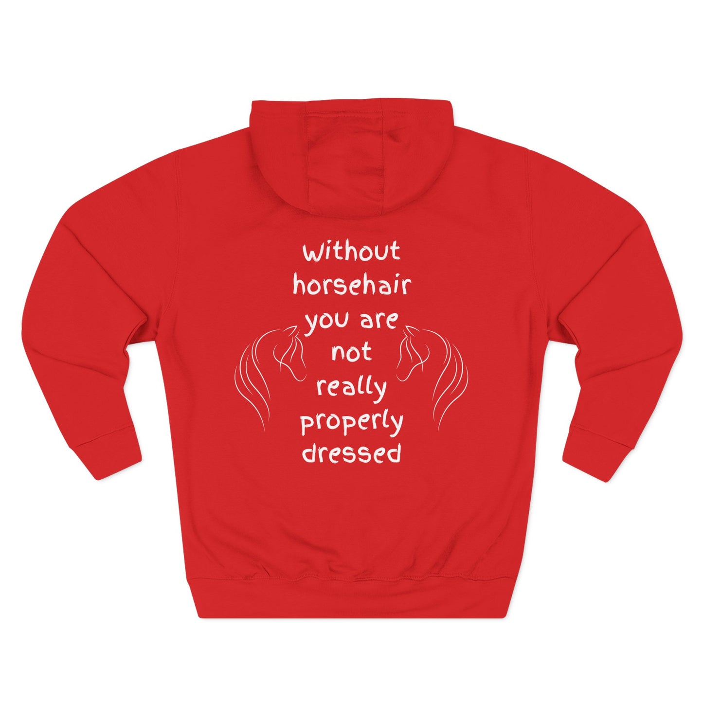 Red hoodie with white text and horse illustrations on a white background