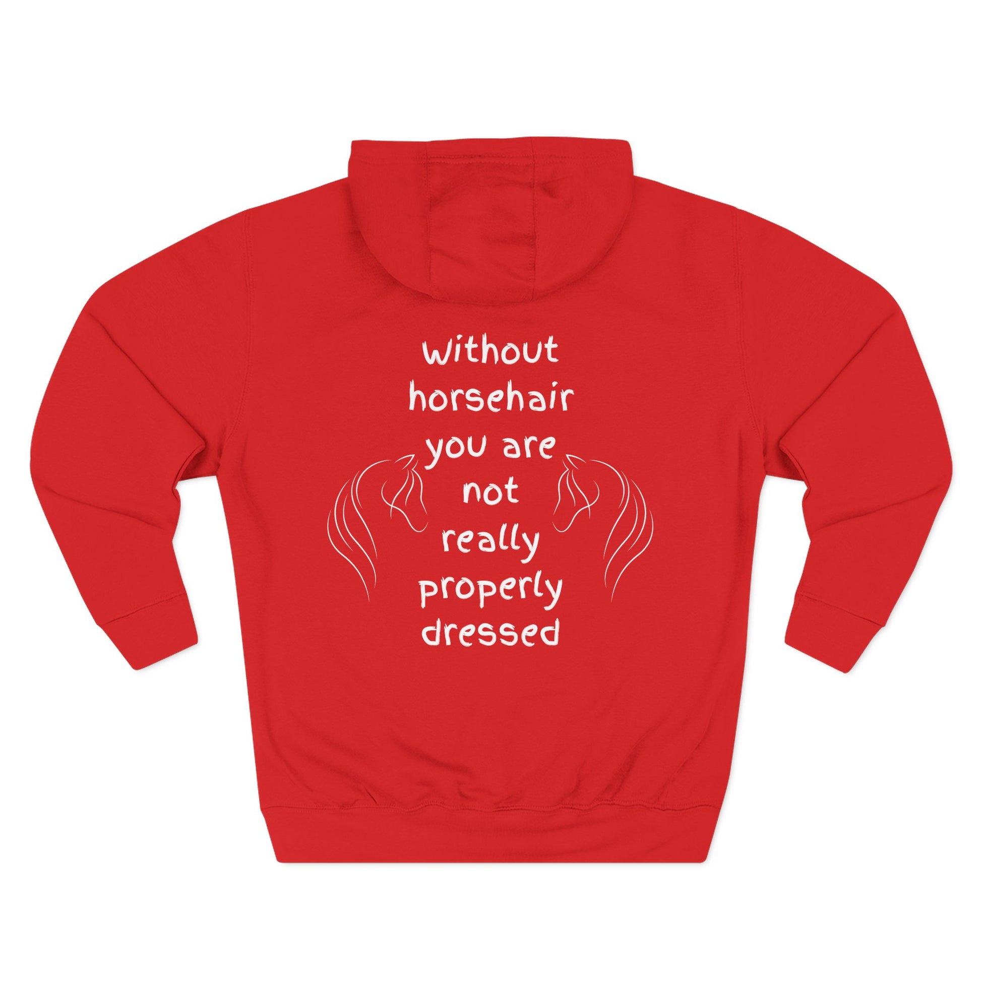 Red hoodie with white text and horse illustrations on a white background