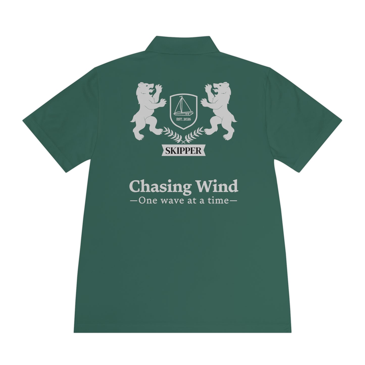 Sailing Polo Shirt Green polo shirt with white text and logos on a white background