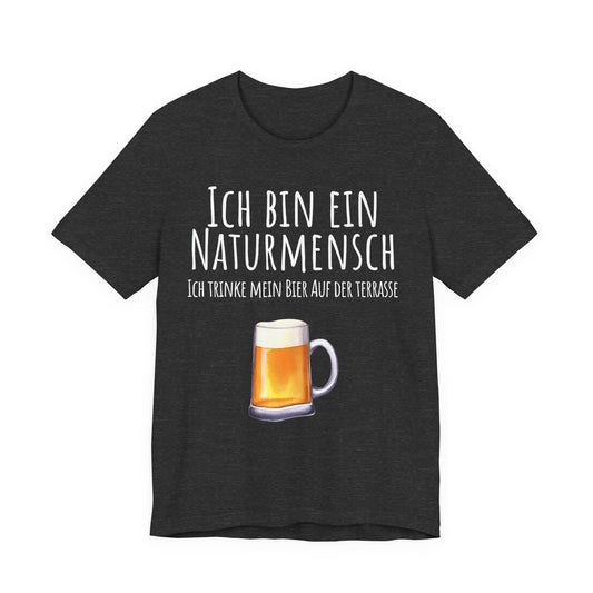 Navy blue t-shirt with a beer graphic and German text on a white background