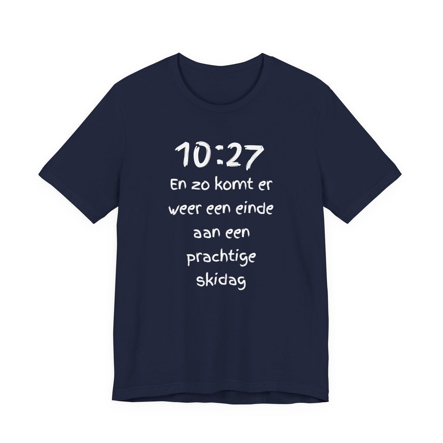 Black t-shirt with white and gold graphic design on a white background