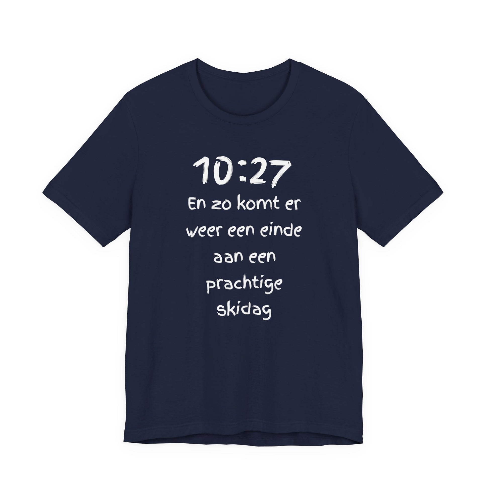 Black t-shirt with white and gold graphic design on a white background