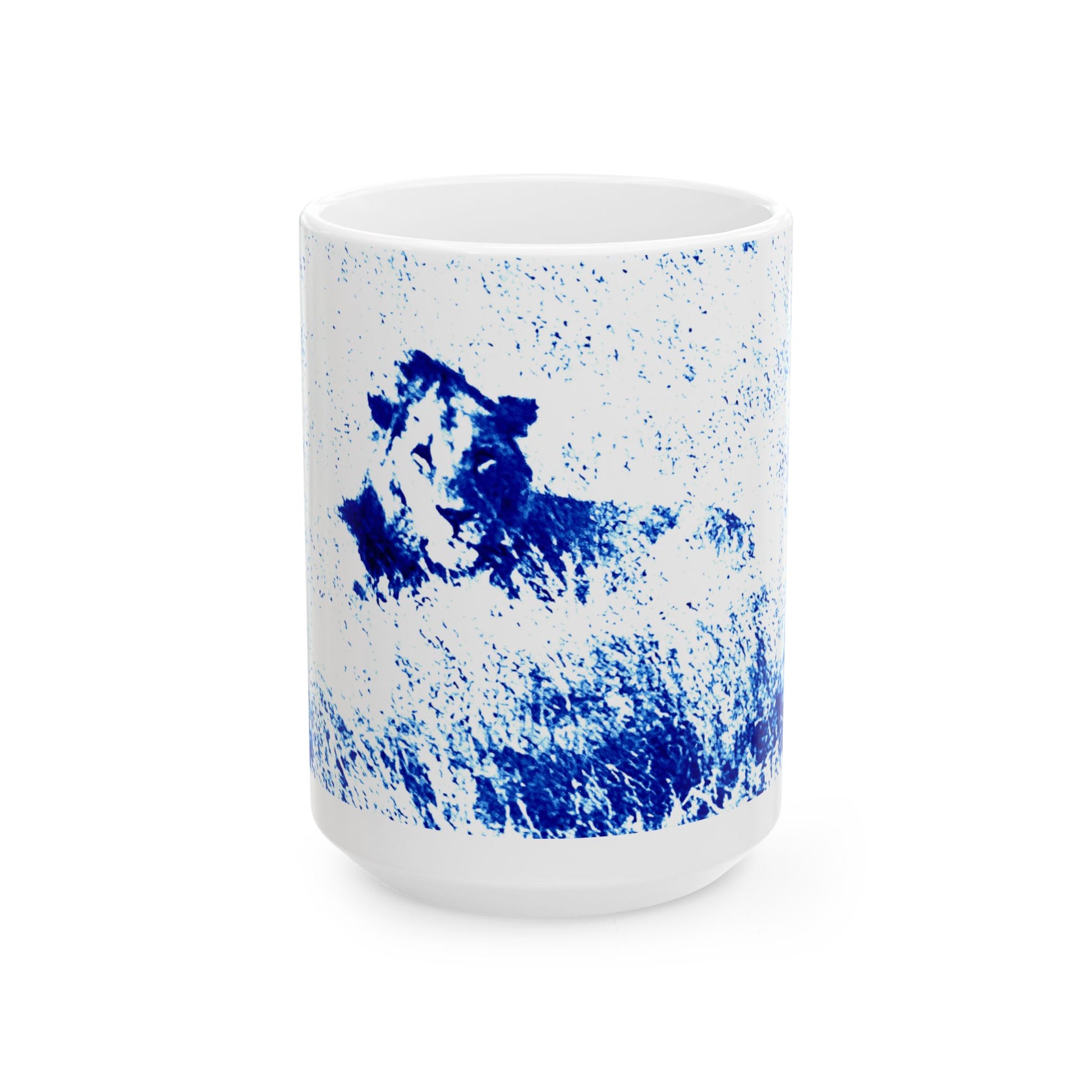 White ceramic mug with blue abstract design on a white background