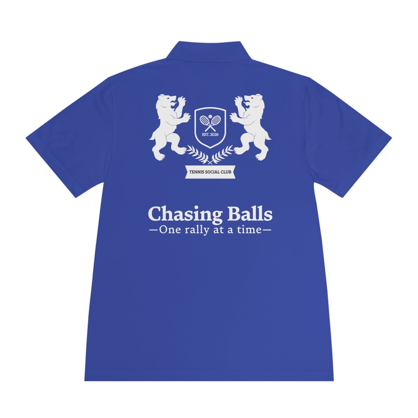 Blue polo shirt with white text and graphics on a white background