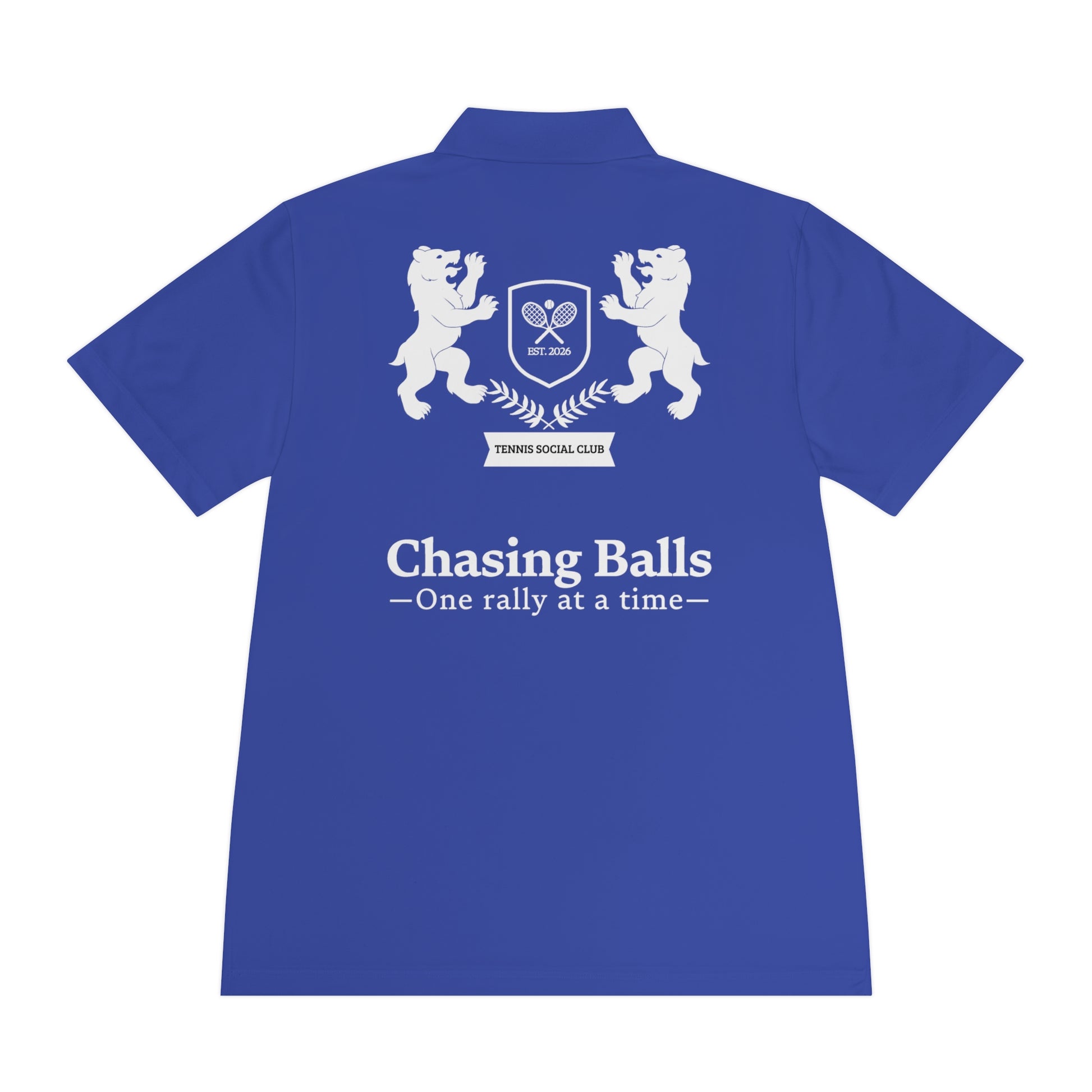 Blue polo shirt with white text and graphics on a white background