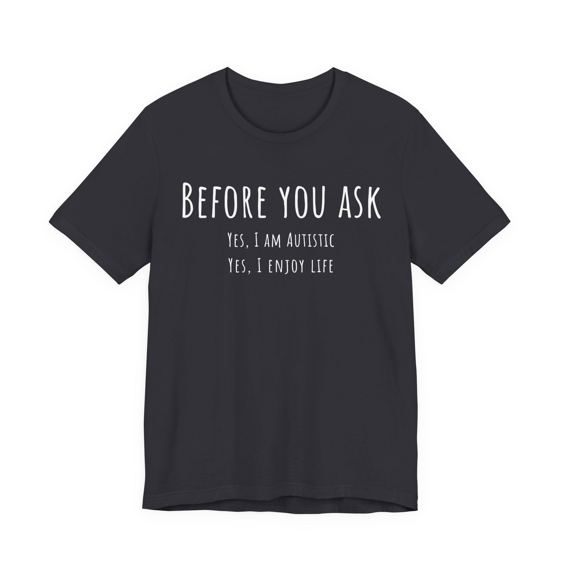 Black t-shirt with white text on a white background