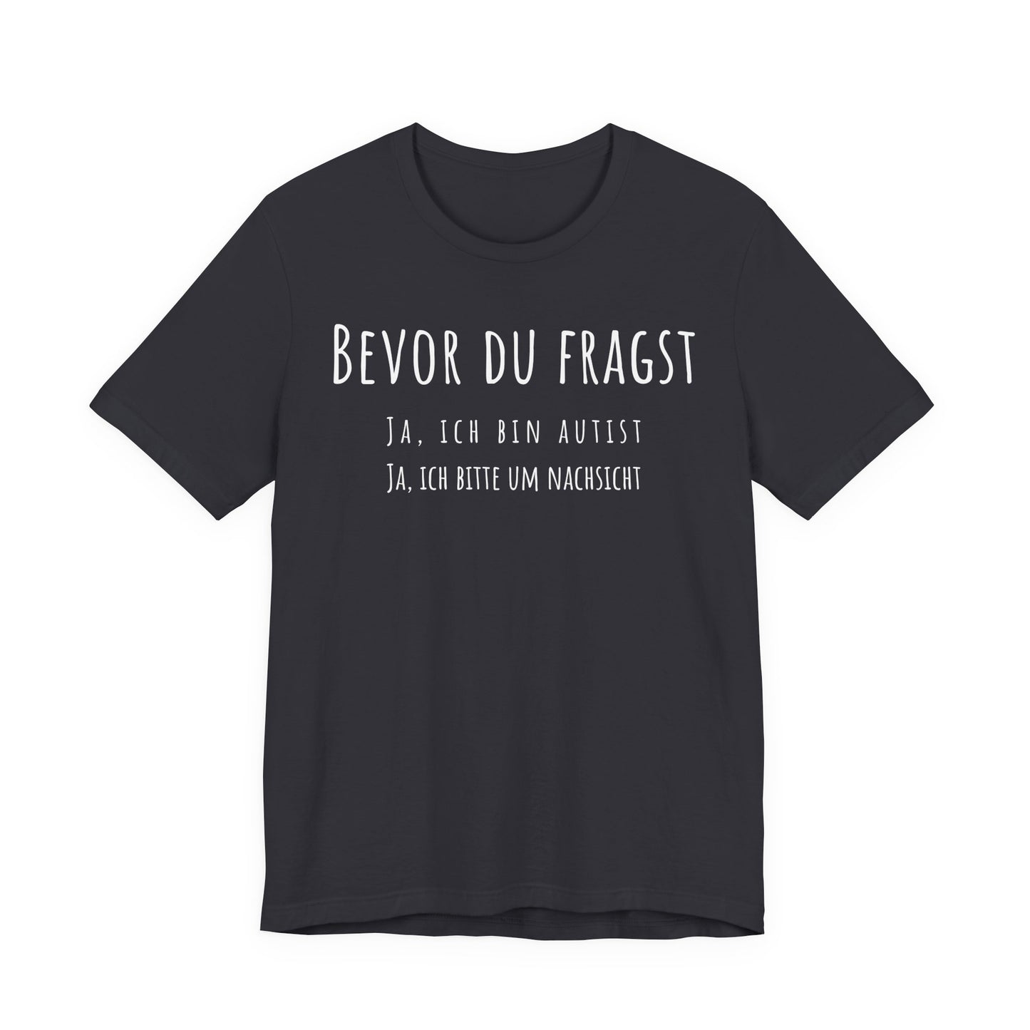 Black t-shirt with white text on a white background