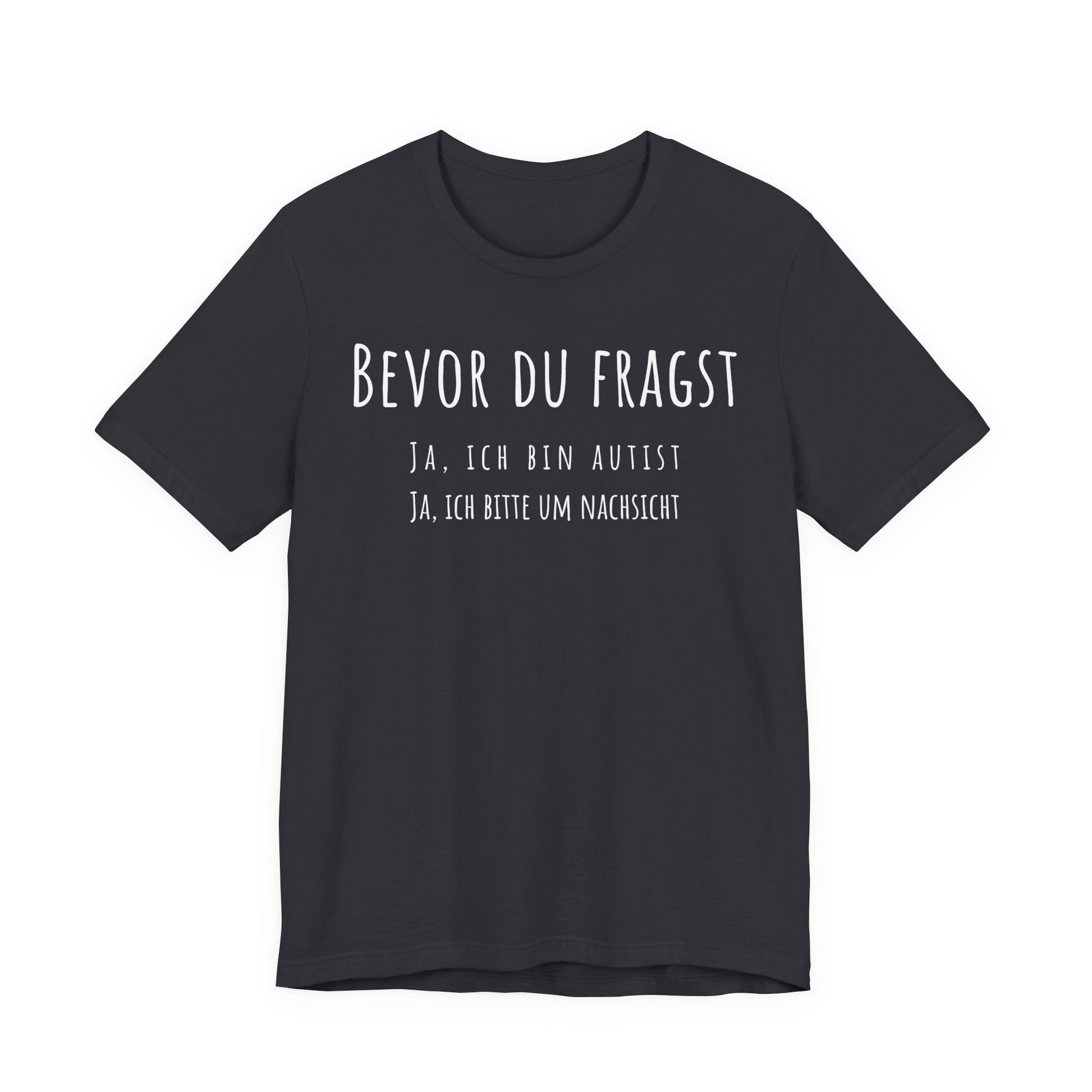 Black t-shirt with white text on a white background
