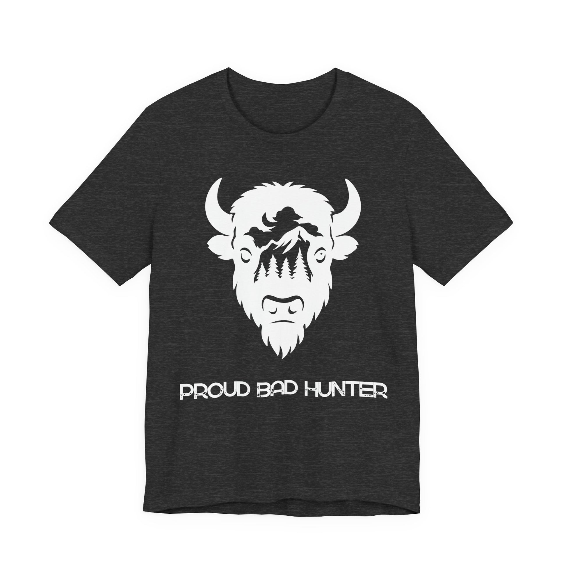 Black t-shirt with white and gold graphic design on a white background