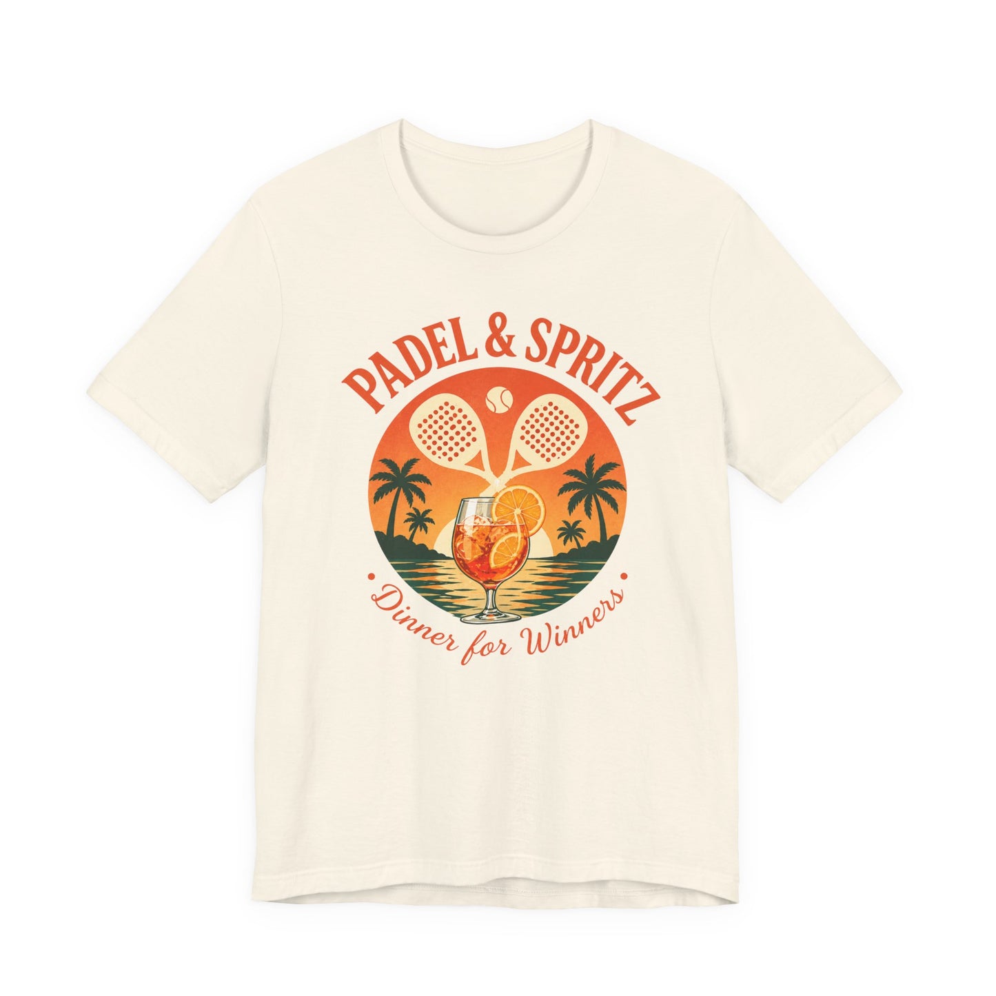 Padel Aperol T-Shirt Beige t-shirt with 'Padel & Spritz' graphic design featuring tennis rackets and a cocktail.