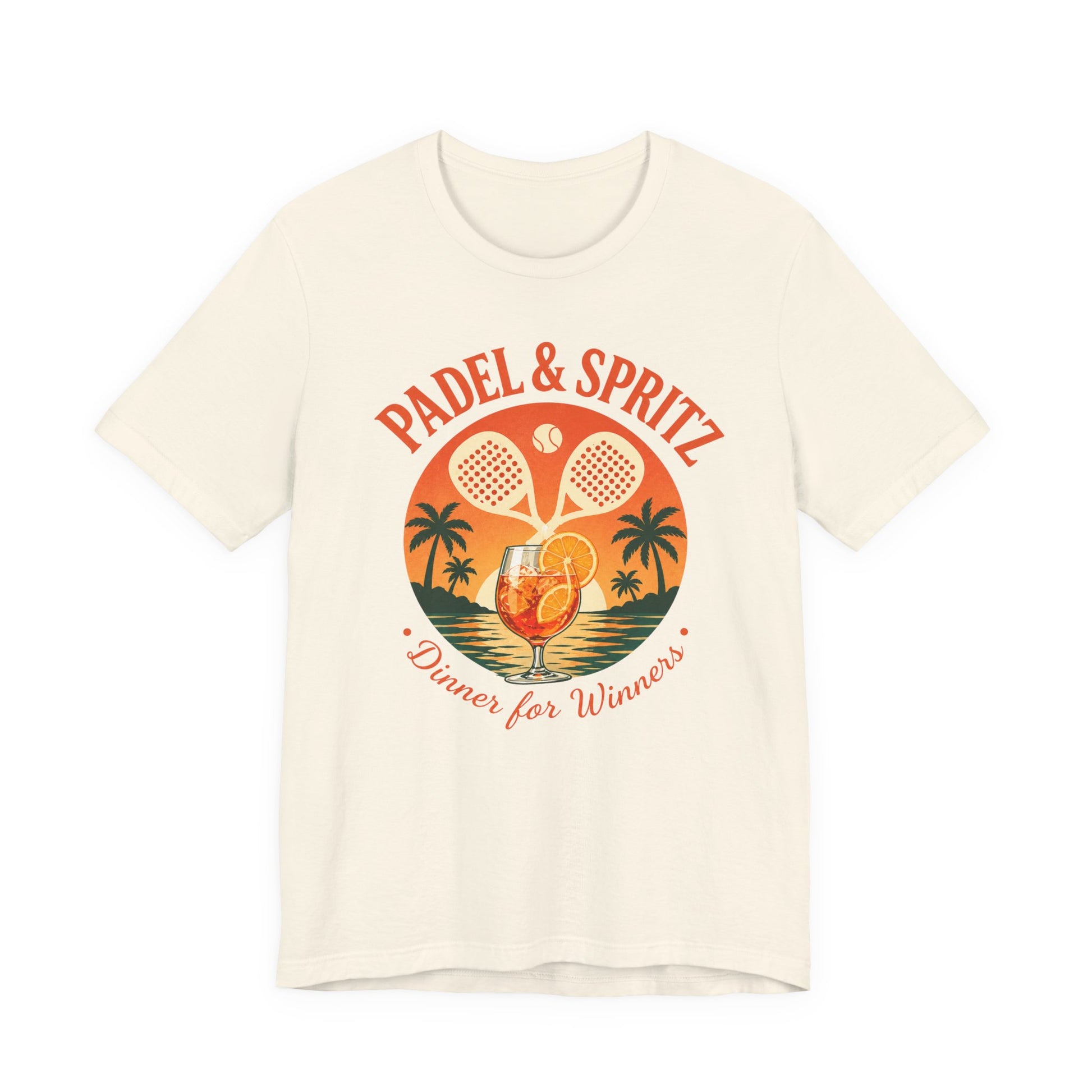 Padel Aperol T-Shirt Beige t-shirt with 'Padel & Spritz' graphic design featuring tennis rackets and a cocktail.
