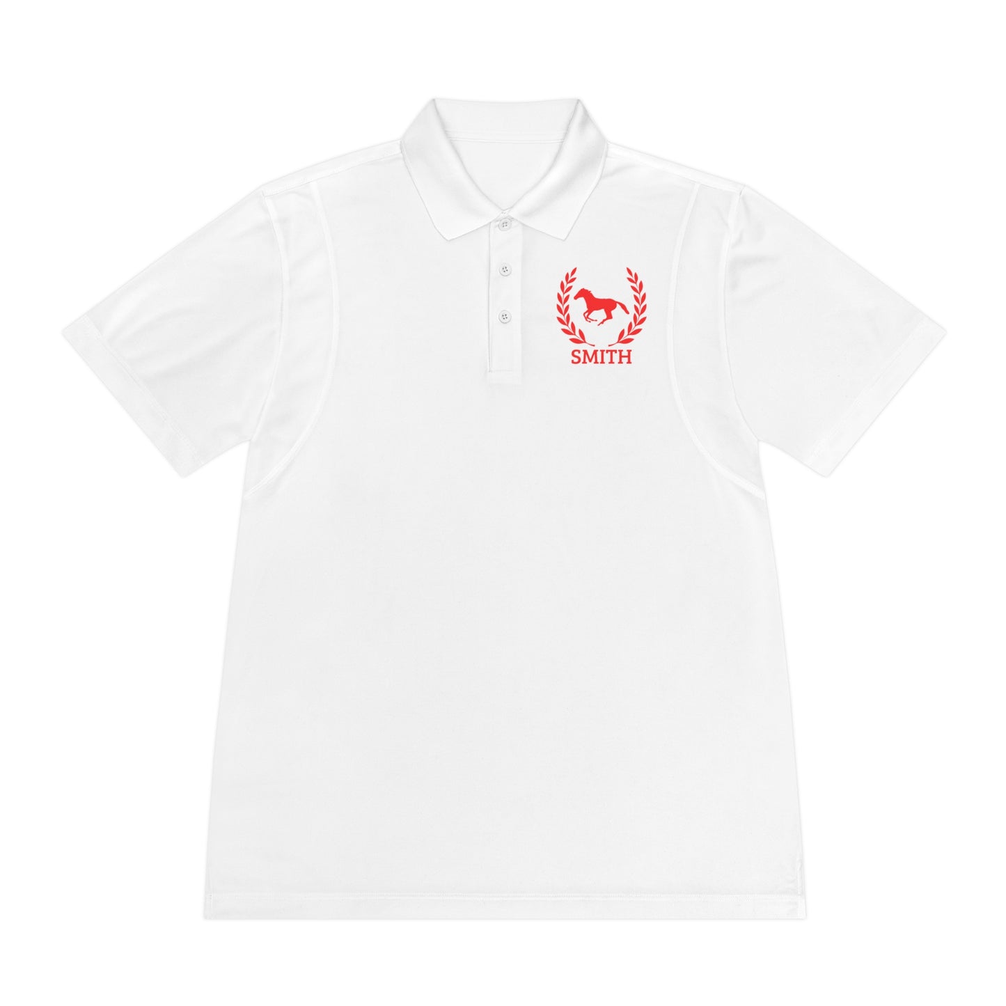 White Polo Shirt Red Horse White polo shirt with red logo and text on a white background
