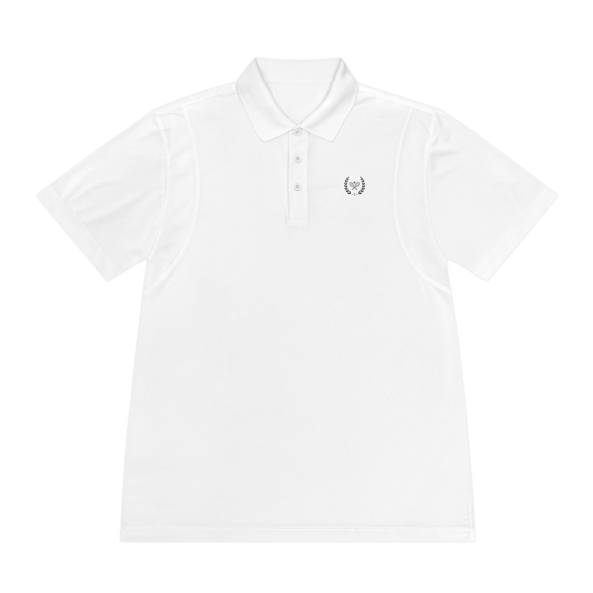 White polo shirt with a small logo on a white background
