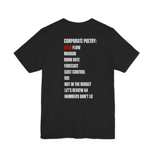 Finance Manager Shirt Black t-shirt with white text on the back on a white background