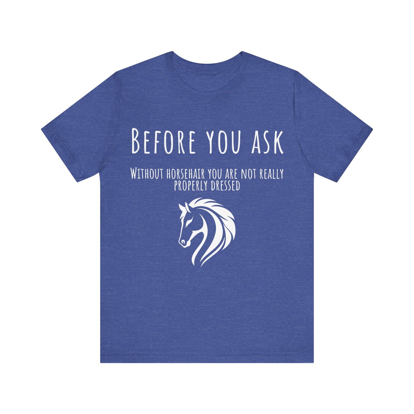 Blue t-shirt with white horse graphic and text on a white background