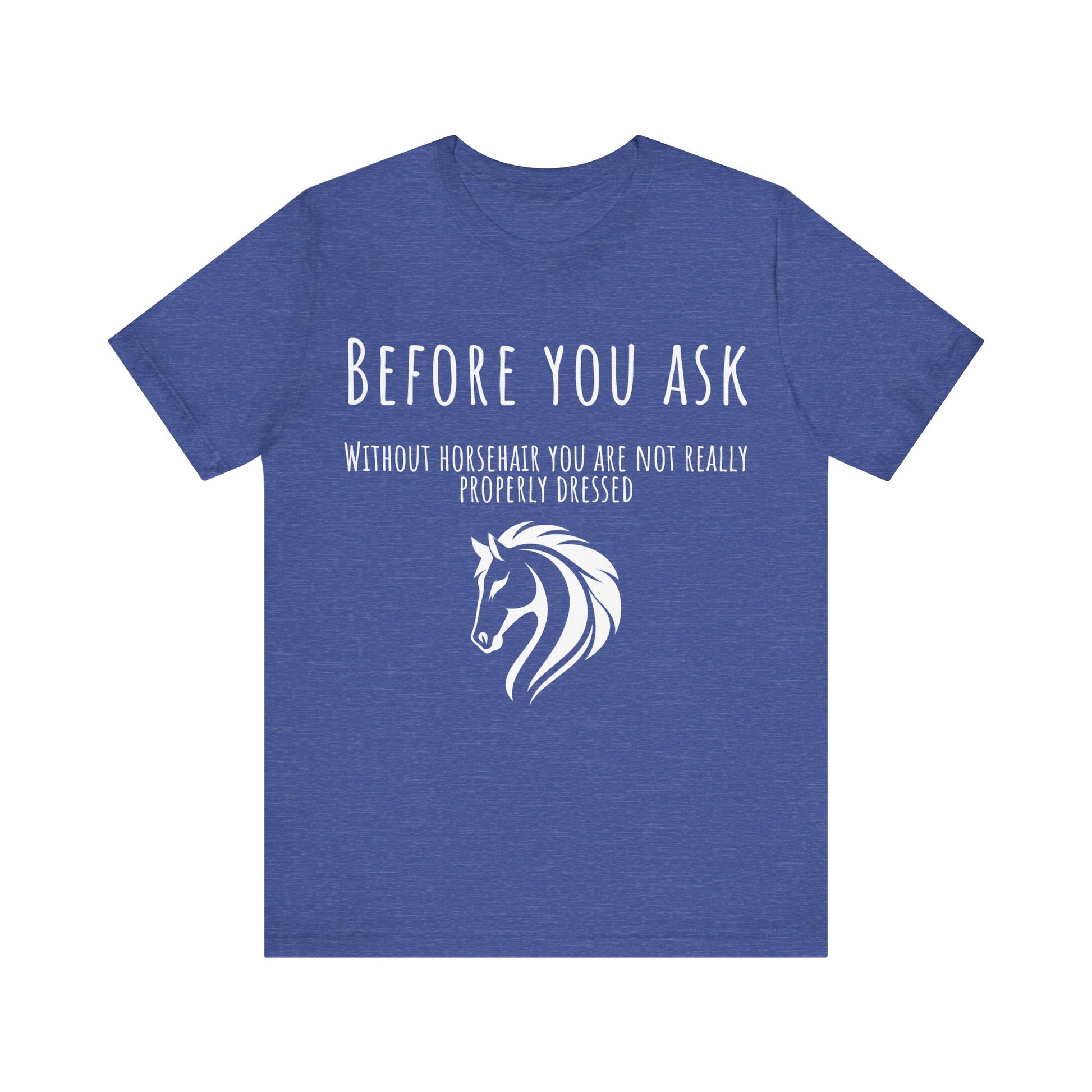 Blue t-shirt with white horse graphic and text on a white background