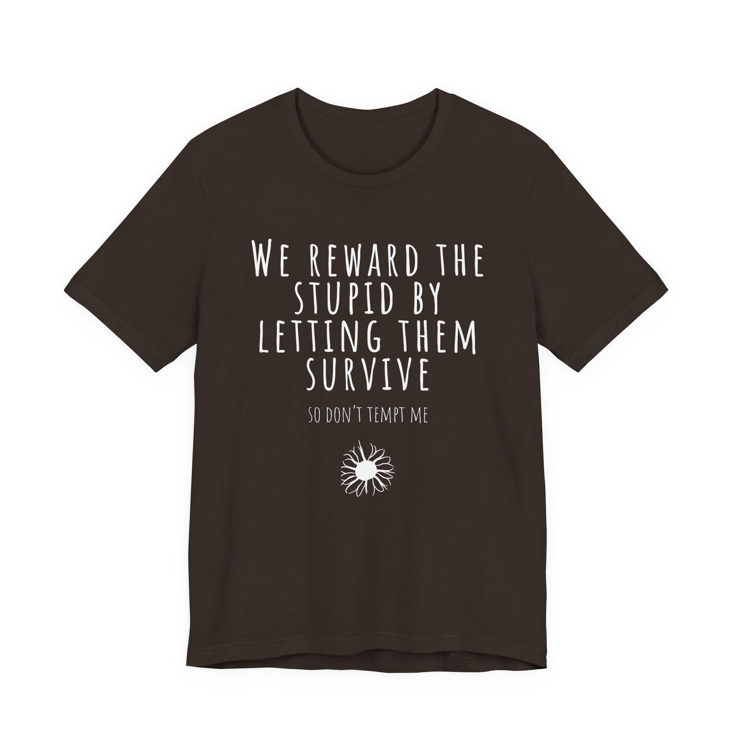 Black t-shirt with white text on a white background