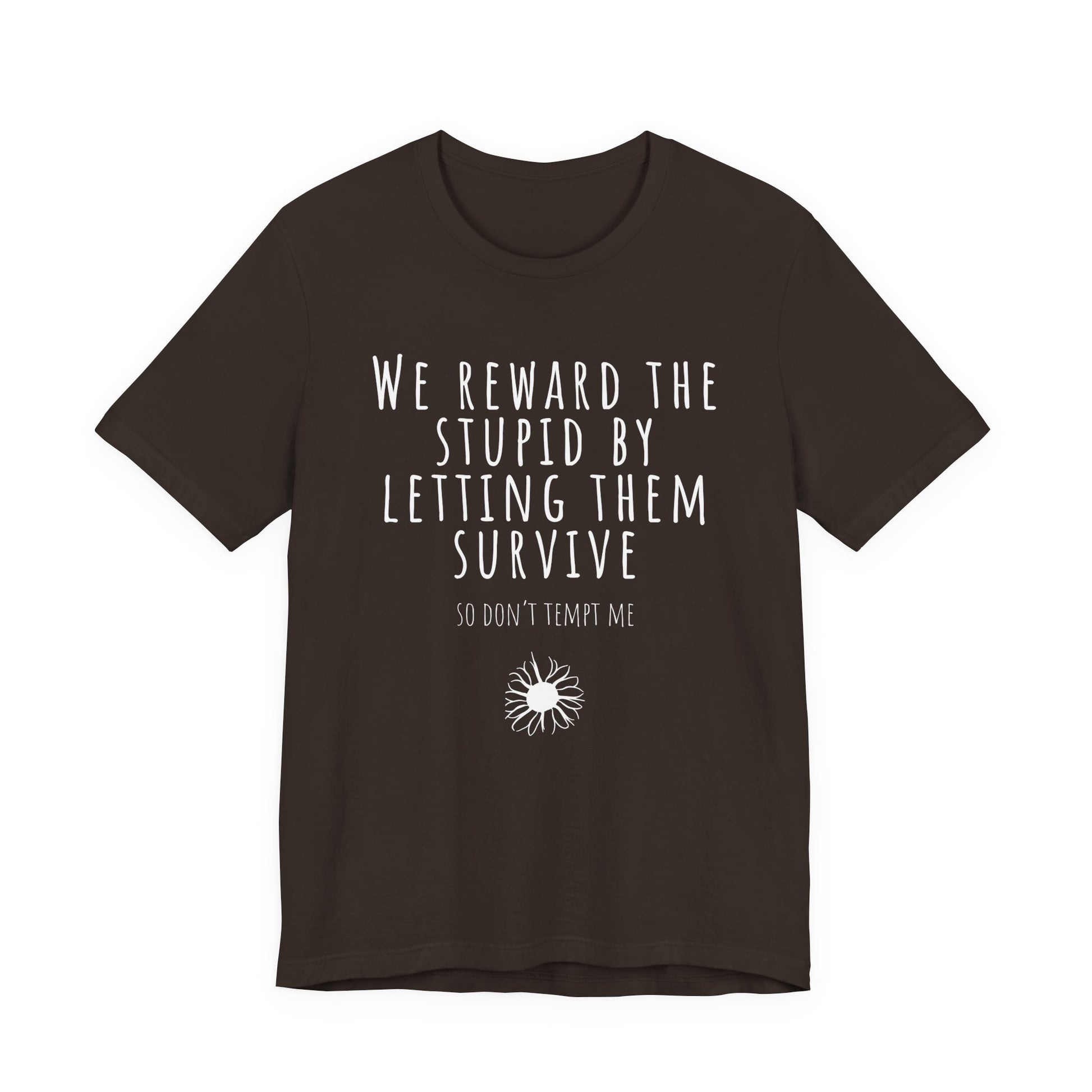 Black t-shirt with white text on a white background
