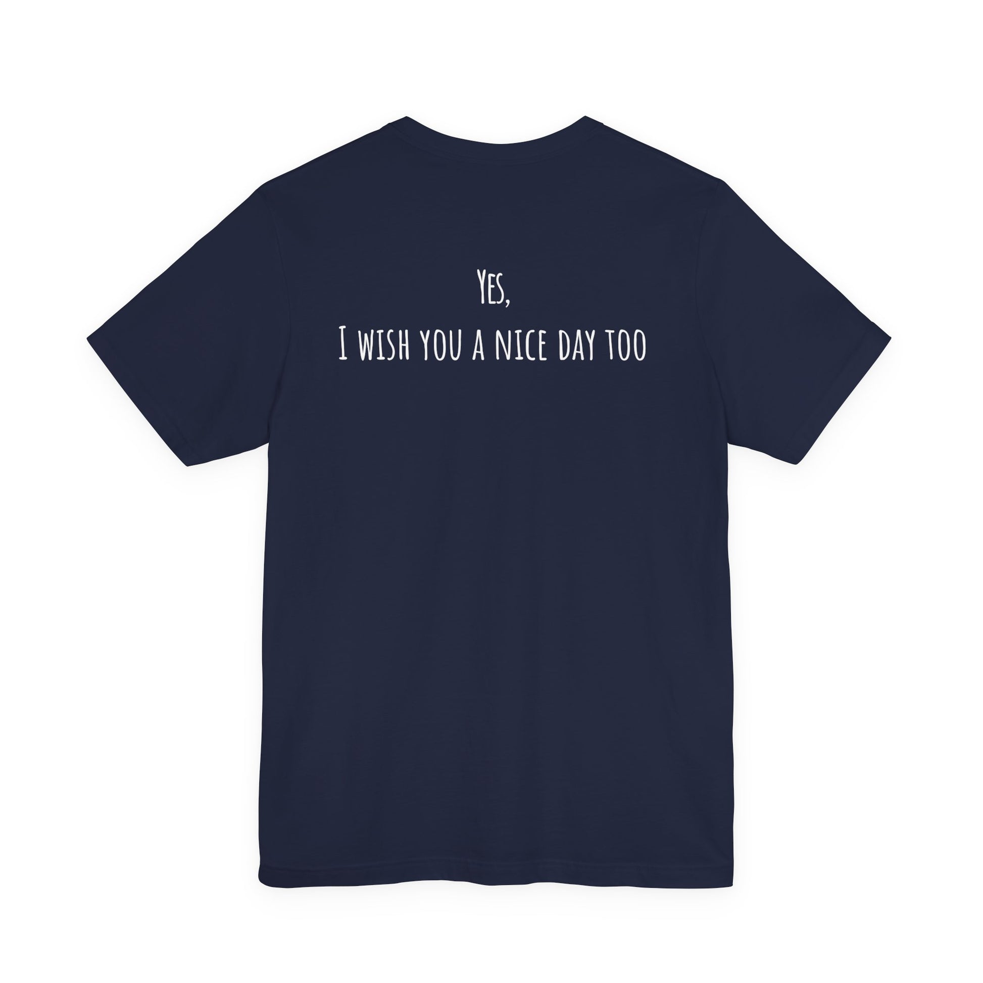 Navy blue t-shirt with white text on the back on a white background