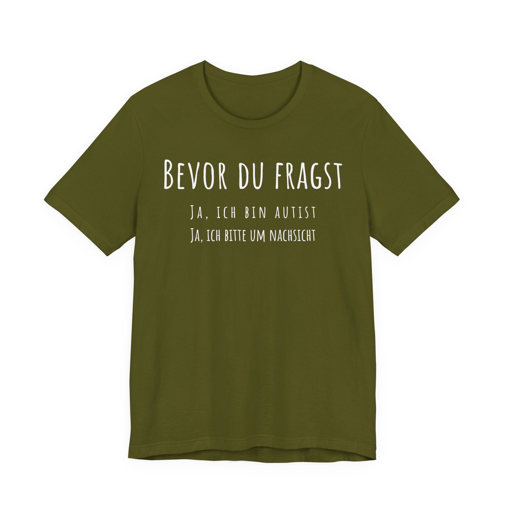 Green t-shirt with white text on a white background