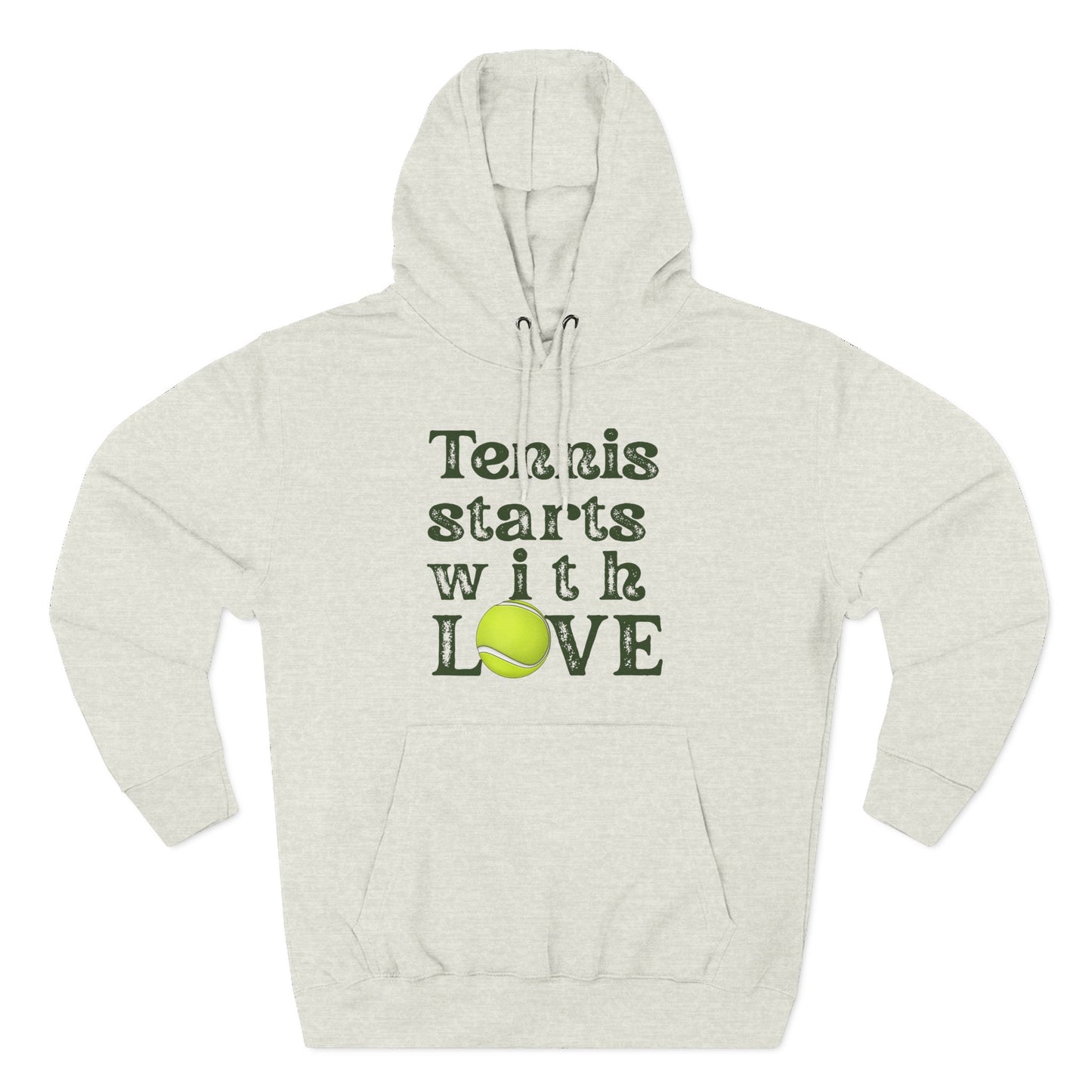 Light gray hoodie with 'Tennis starts with LOVE' text and tennis ball graphic on a white background