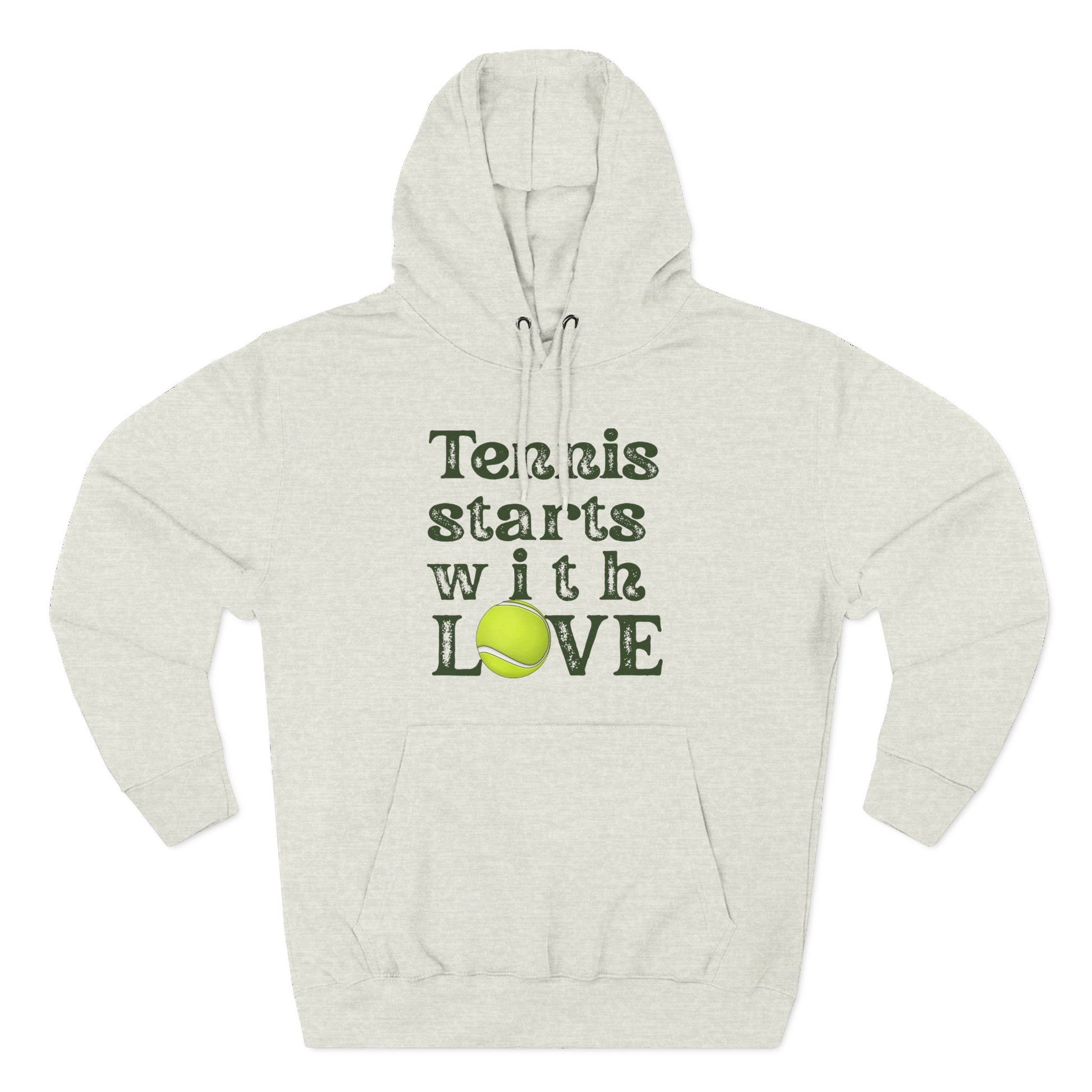 Light gray hoodie with 'Tennis starts with LOVE' text and tennis ball graphic on a white background
