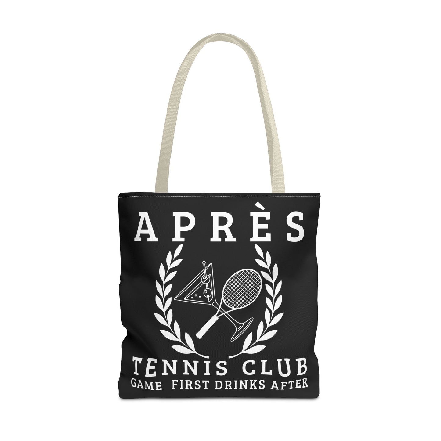 tennis tote bag Black tote bag with tennis-themed design and text on a white background
