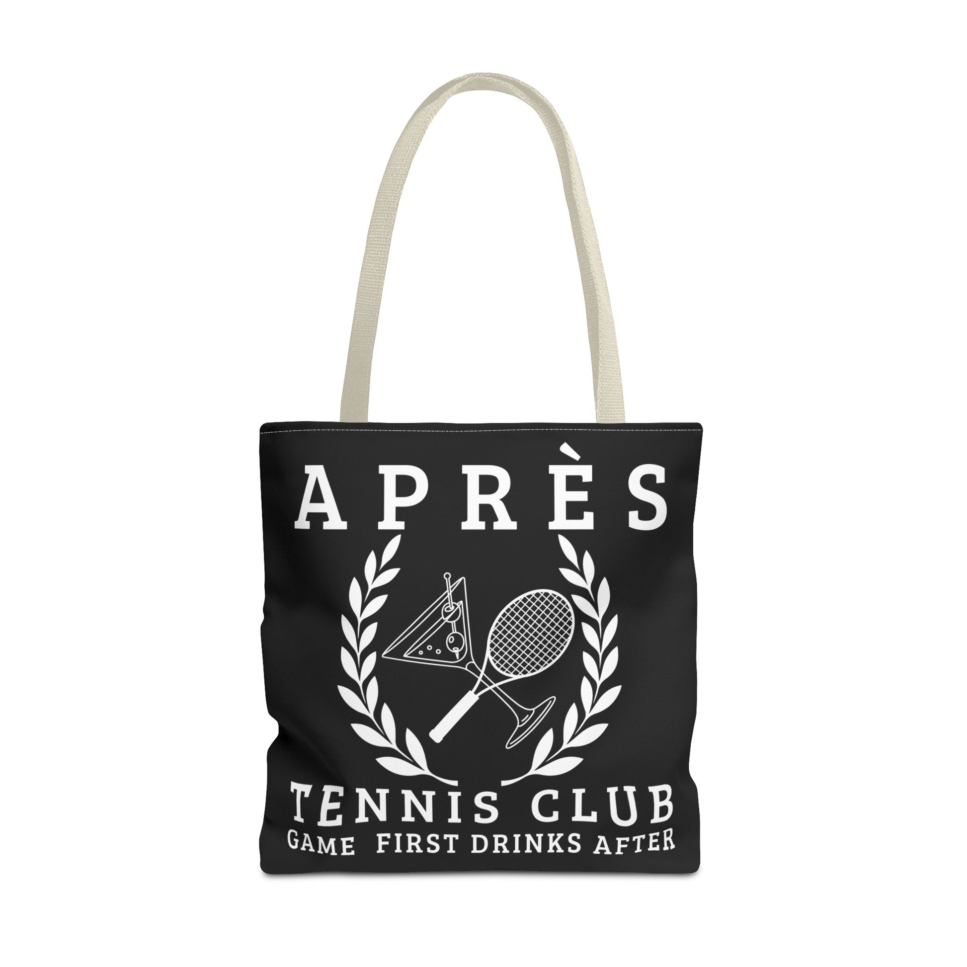 tennis tote bag Black tote bag with tennis-themed design and text on a white background