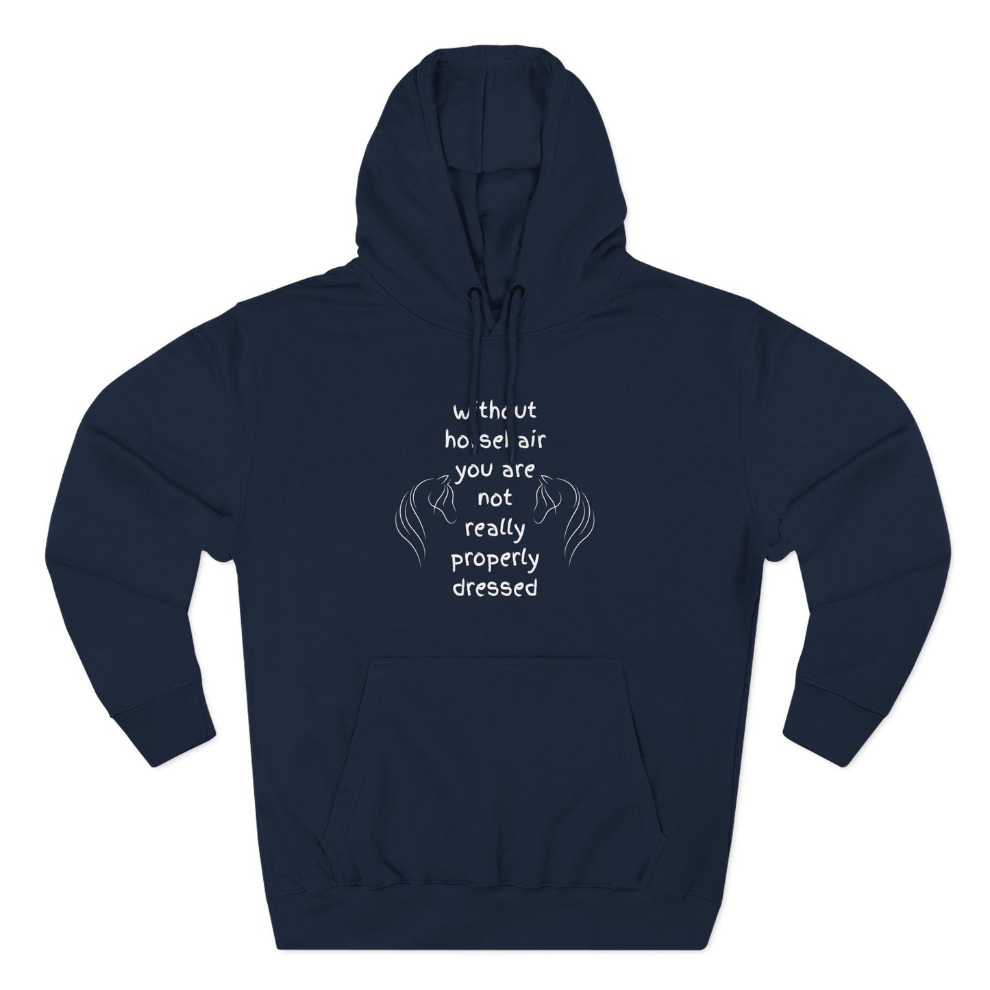 Navy blue hoodie with white text and design on a white background