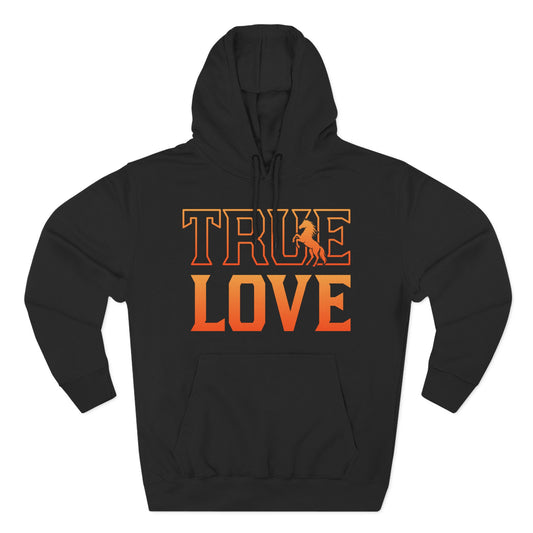 Black hoodie with 'True Love' text and graphic on a white background
