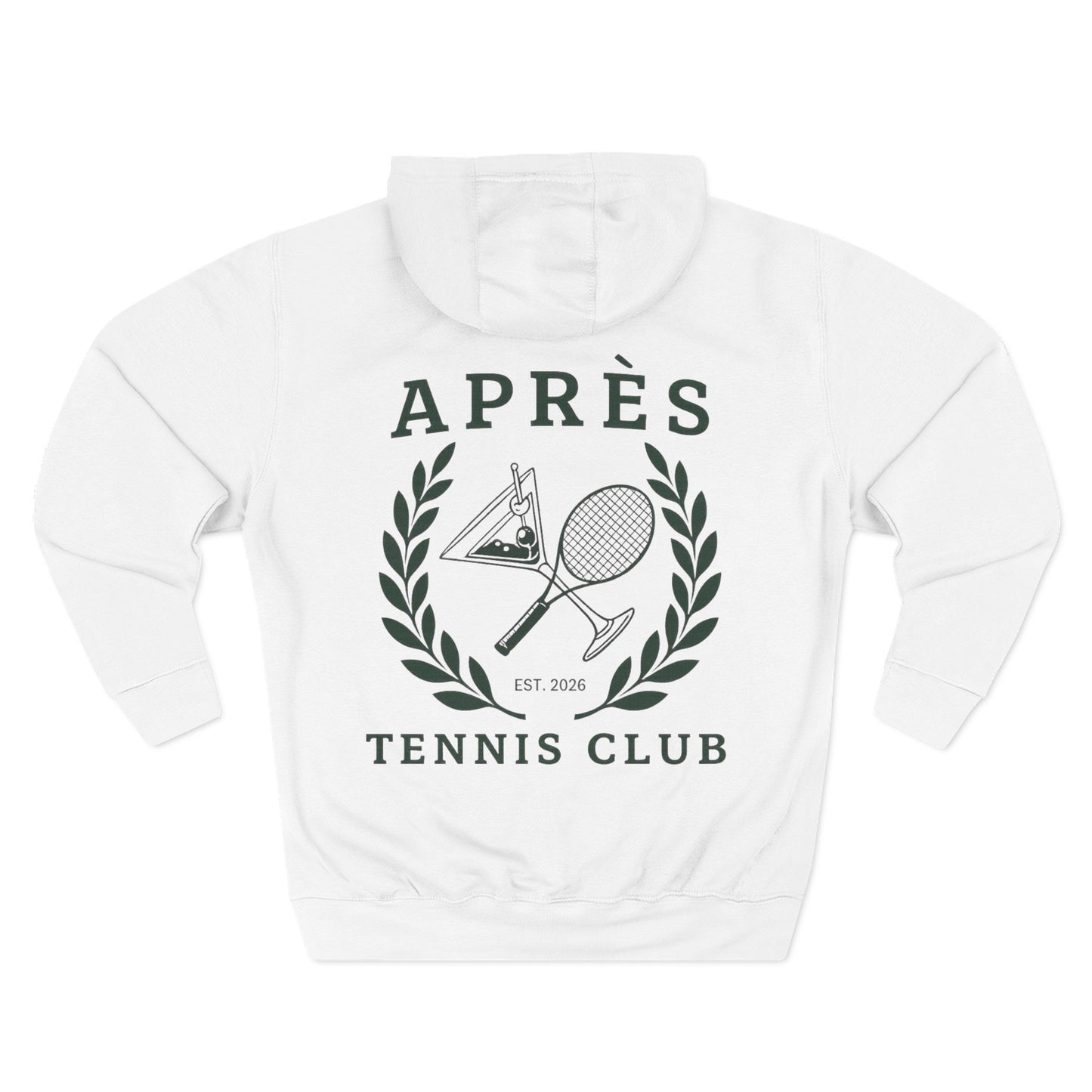 Tennis Hoodie White hoodie with 'Apres Tennis Club' graphic on a white background