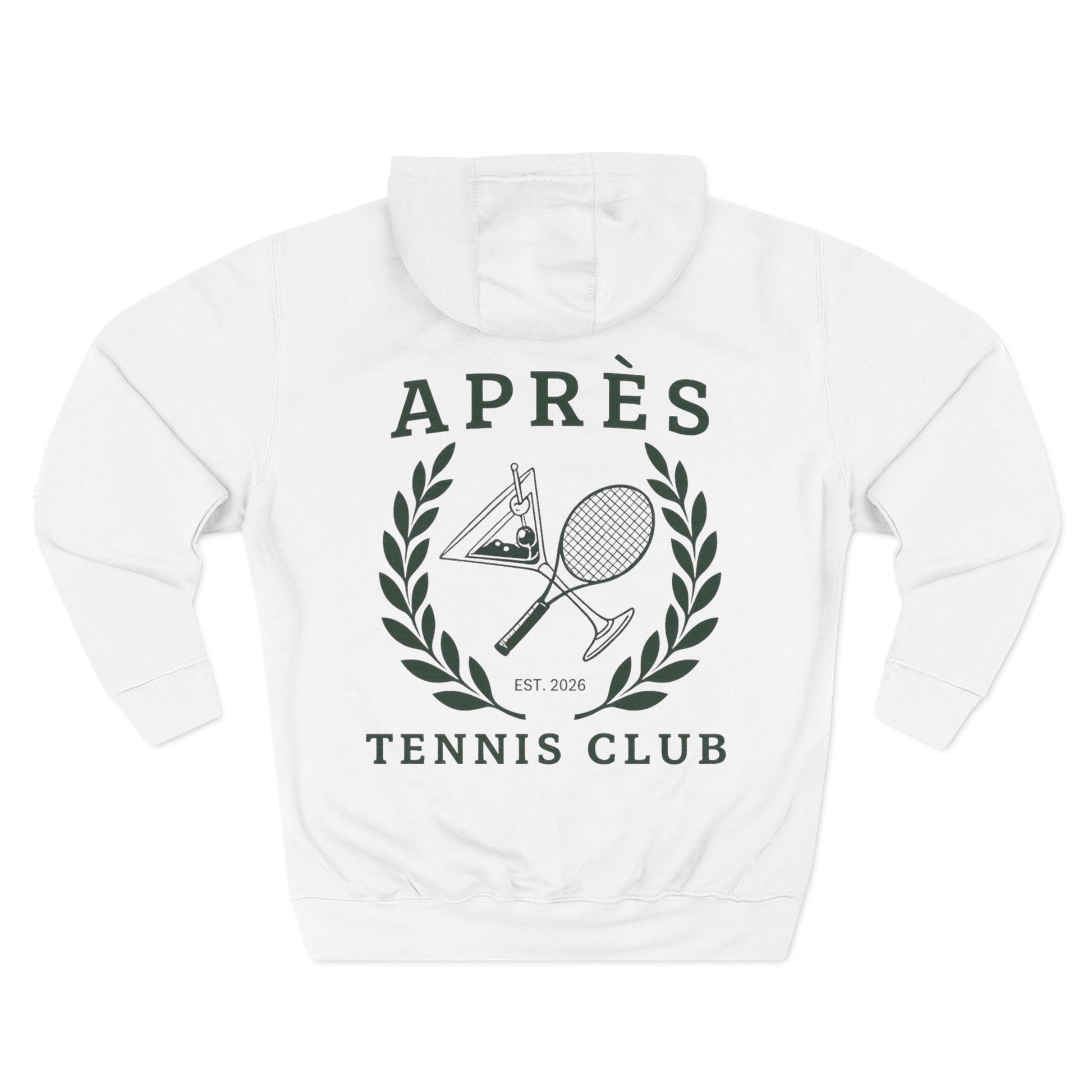 Tennis Hoodie White hoodie with 'Apres Tennis Club' graphic on a white background