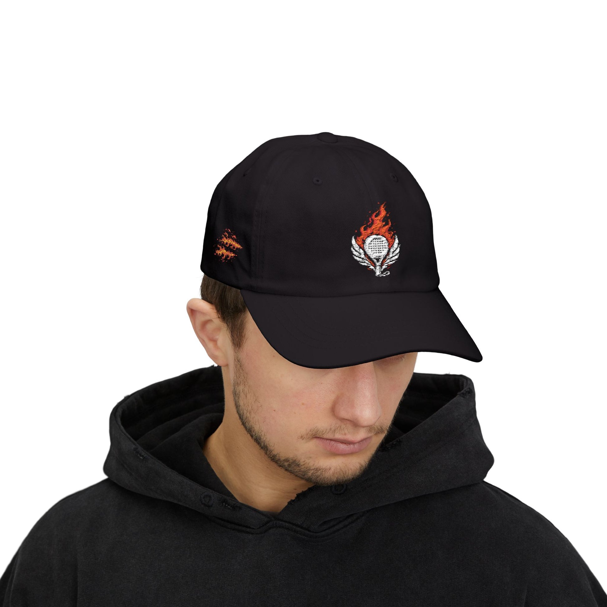 performance padel hat Person wearing a black cap with 'TOGETHER WE ARE AMERICA' text on a white background