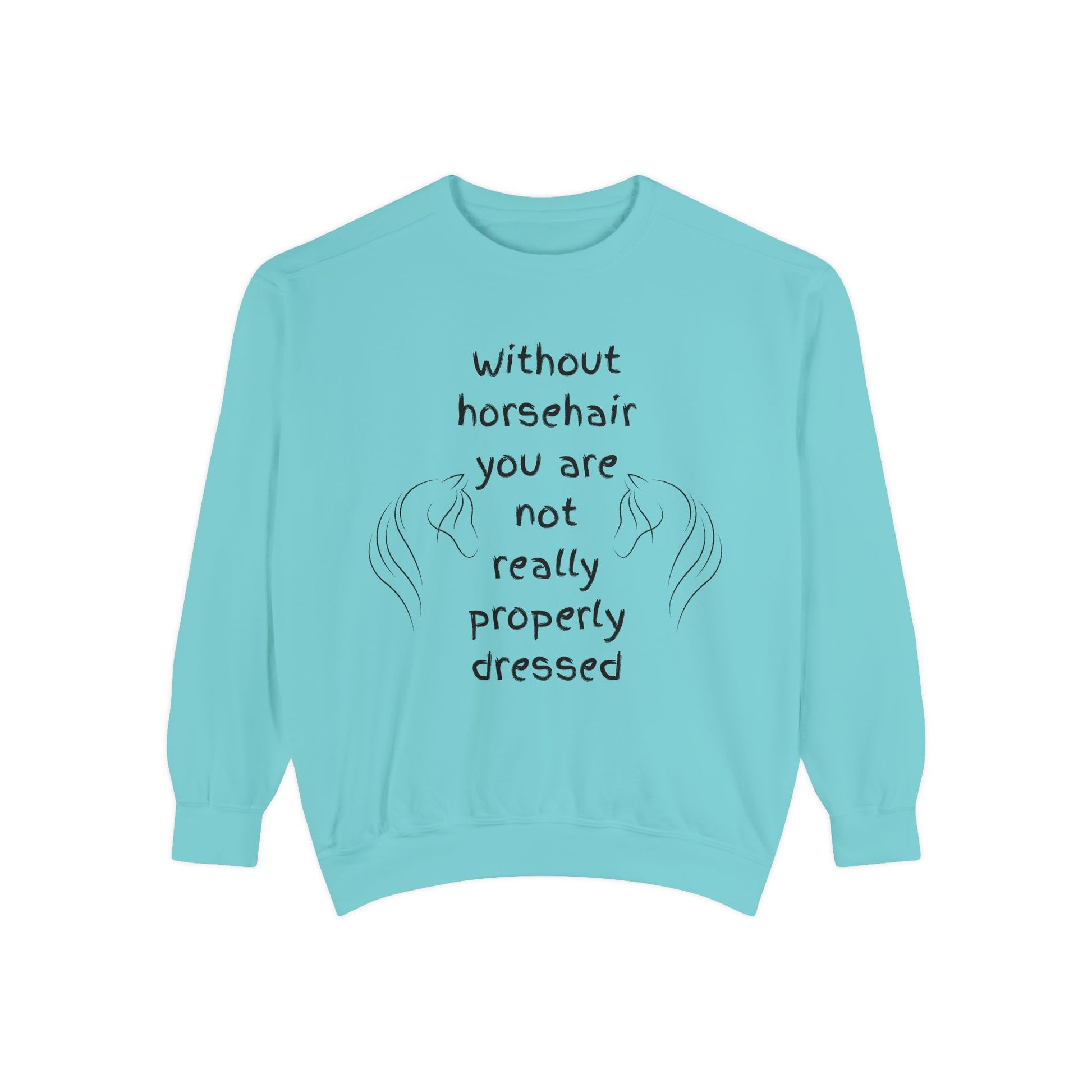 Light blue sweatshirt with text and horse illustrations on a white background