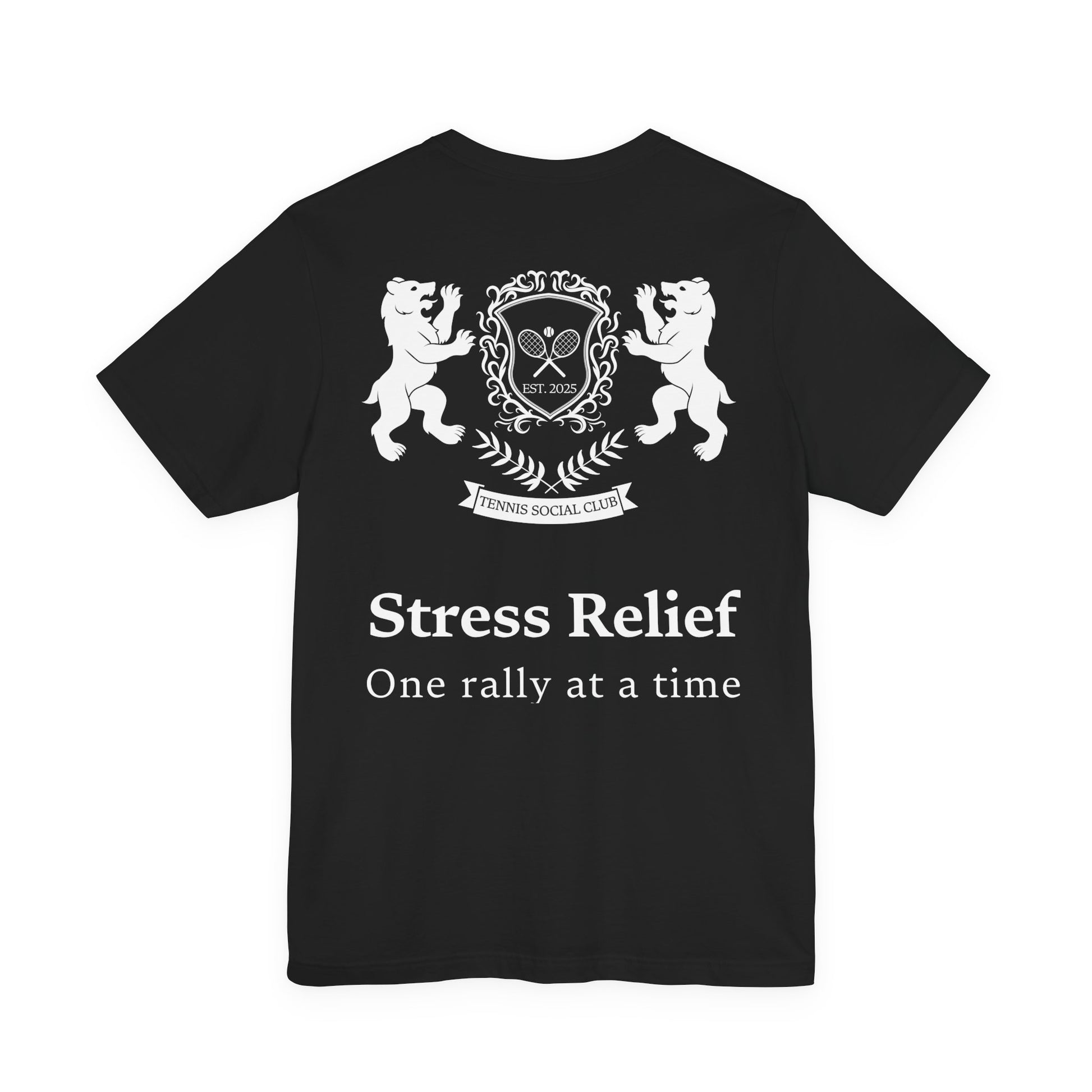 Black t-shirt with white graphic and text on a white background
